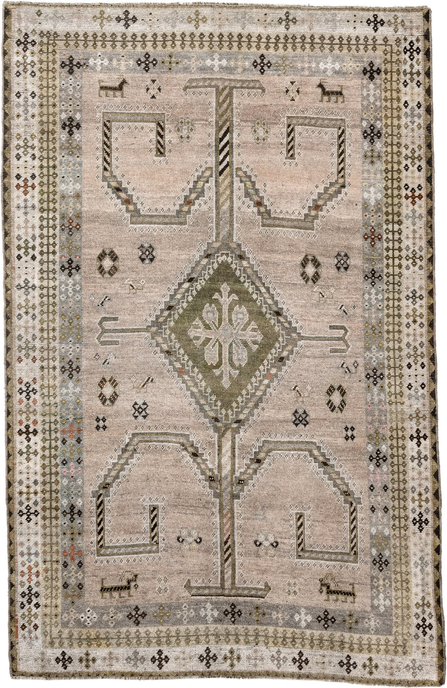 4' x 6' one-of-a-kind handmade vintage Gabbe small size rug. Color palette: taupe, ivory, sage, charcoal, gray, camel, rust