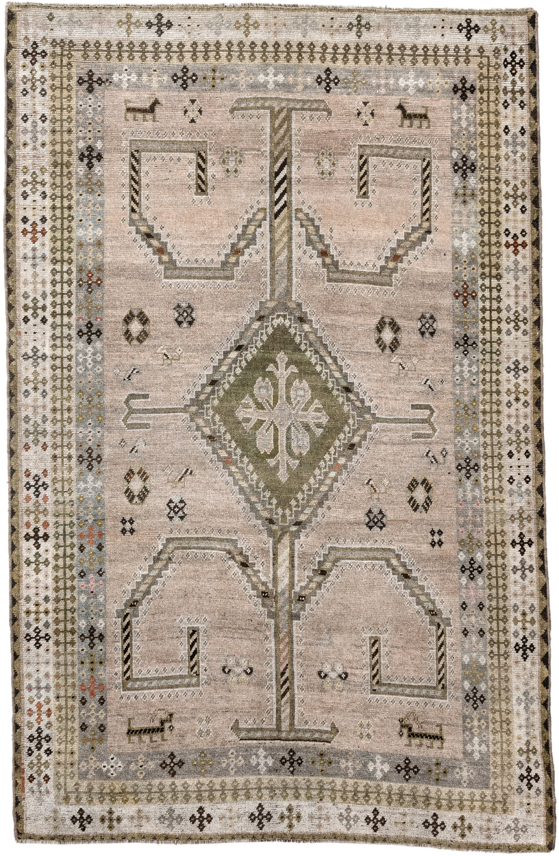 4' x 6' one-of-a-kind handmade vintage Gabbe small size rug. Color palette: taupe, ivory, sage, charcoal, gray, camel, rust