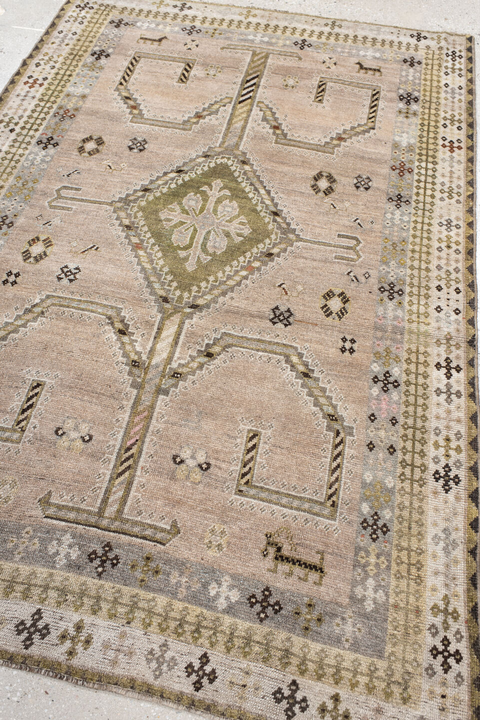 4' x 6' one-of-a-kind handmade vintage Gabbe small size rug. Color palette: taupe, ivory, sage, charcoal, gray, camel, rust