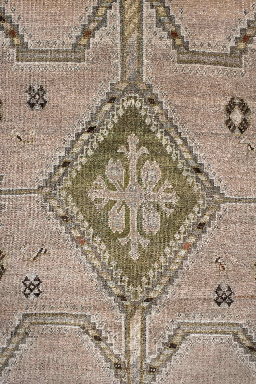 4' x 6' one-of-a-kind handmade vintage Gabbe small size rug. Color palette: taupe, ivory, sage, charcoal, gray, camel, rust