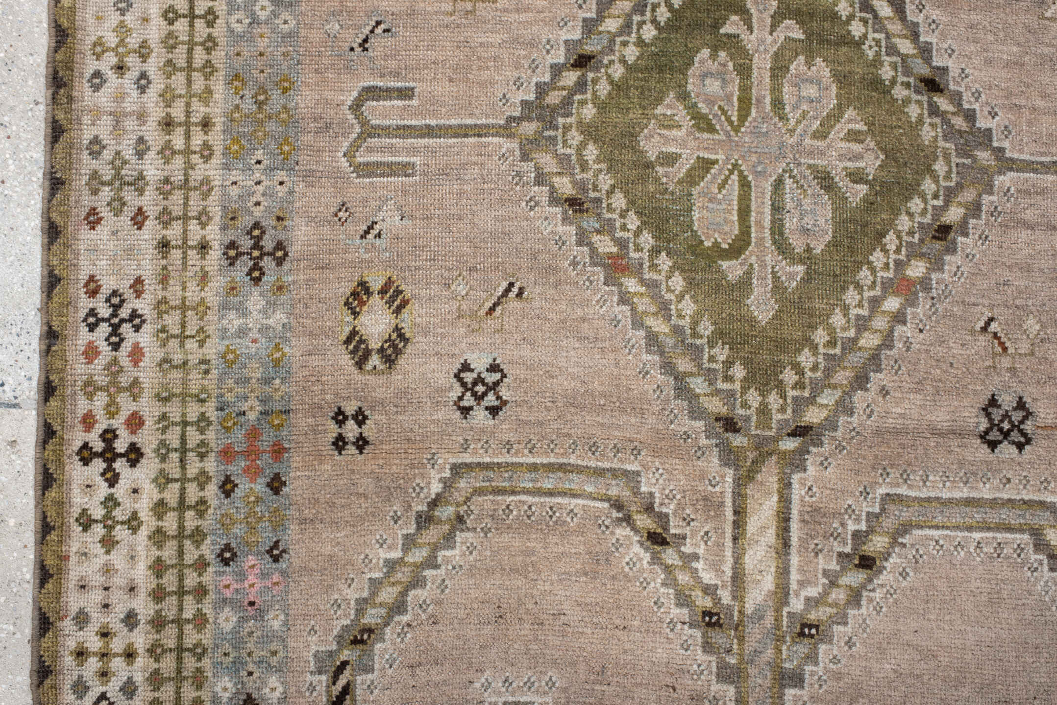 4' x 6' one-of-a-kind handmade vintage Gabbe small size rug. Color palette: taupe, ivory, sage, charcoal, gray, camel, rust