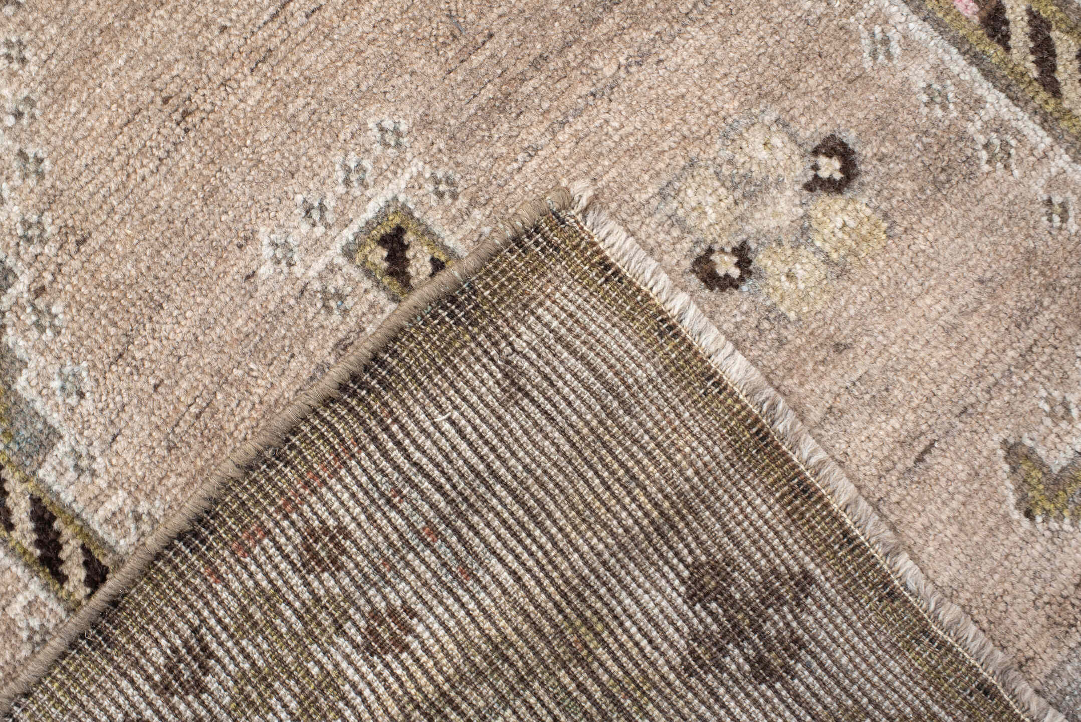 4' x 6' one-of-a-kind handmade vintage Gabbe small size rug. Color palette: taupe, ivory, sage, charcoal, gray, camel, rust