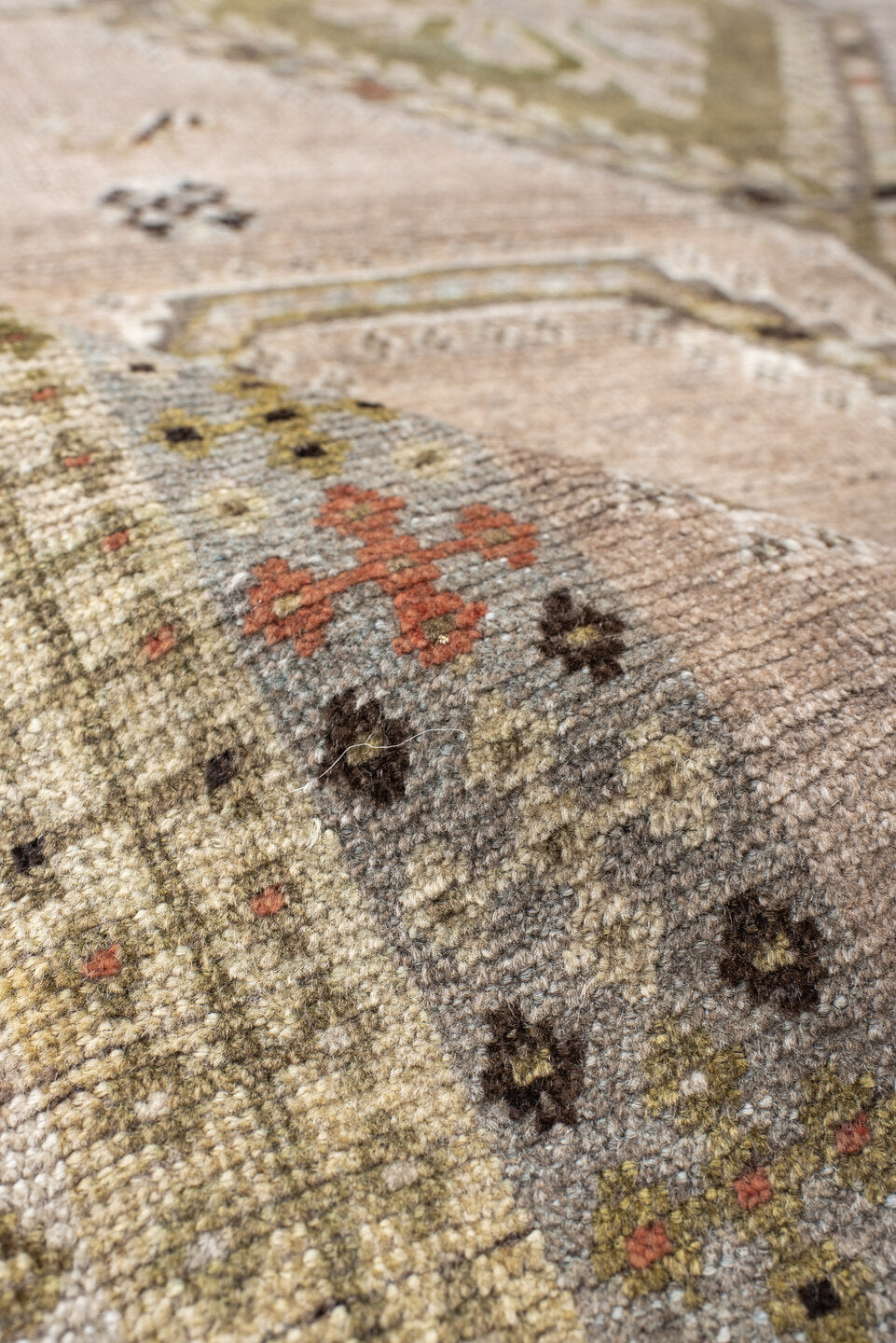 4' x 6' one-of-a-kind handmade vintage Gabbe small size rug. Color palette: taupe, ivory, sage, charcoal, gray, camel, rust