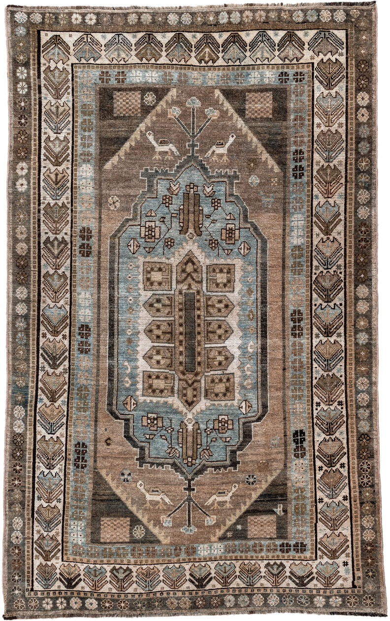 4' x 7' one-of-a-kind handmade antique Gabbe rug. Color palette: taupe, brown, sky blue, ivory, charcoal, camel, beige, gray