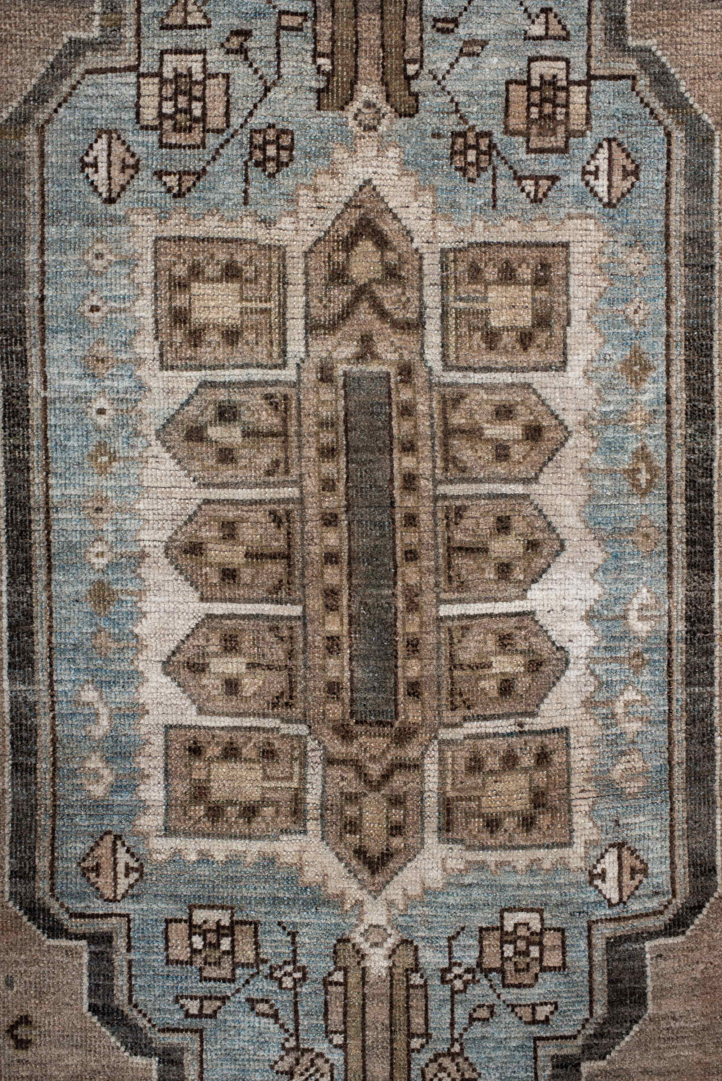 4' x 7' one-of-a-kind handmade antique Gabbe rug. Color palette: taupe, brown, sky blue, ivory, charcoal, camel, beige, gray