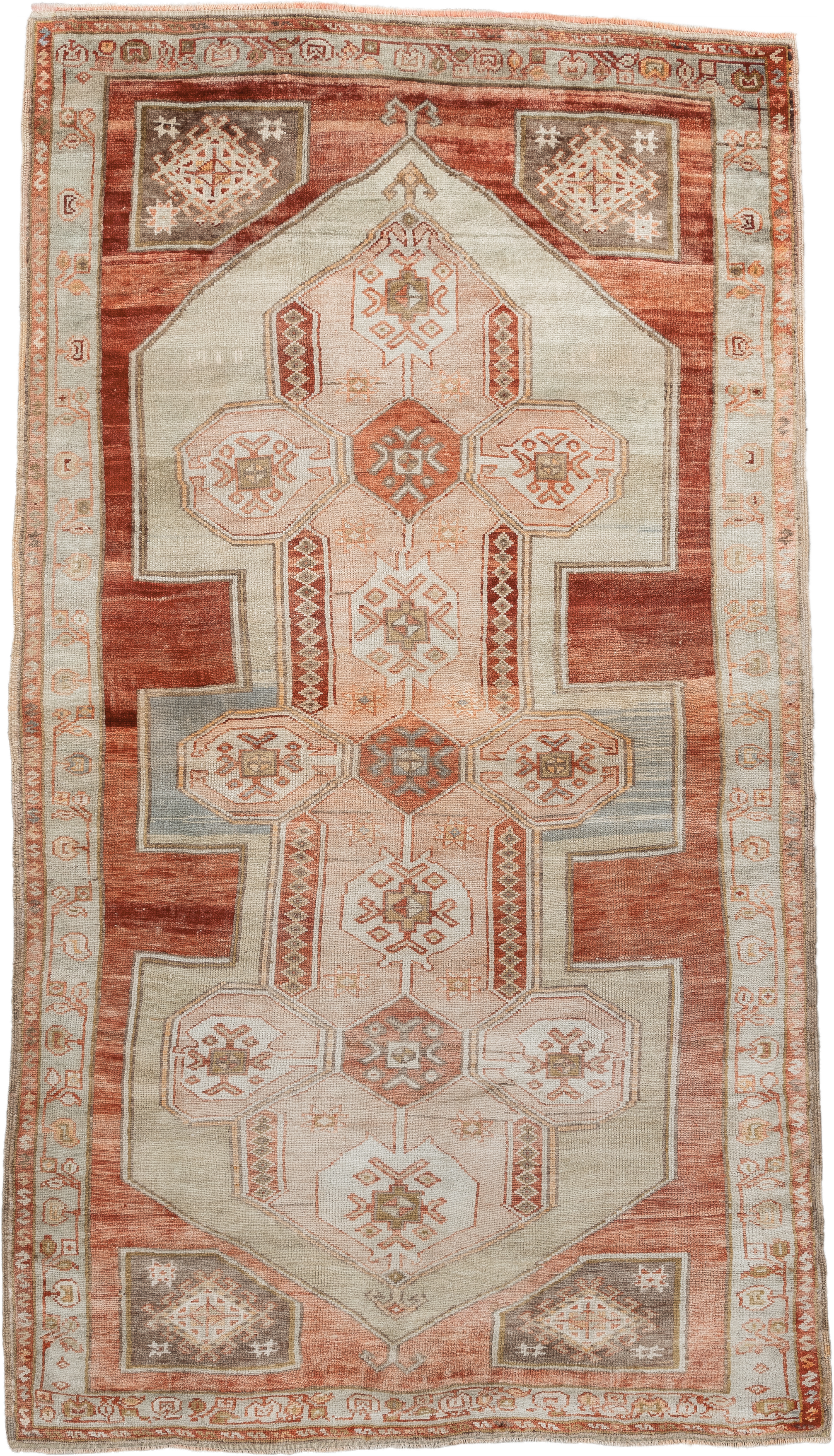 4' x 7' one-of-a-kind handmade vintage Anatolian rug. Color palette: ivory, terra cotta, rust, taupe, sage, camel, rose