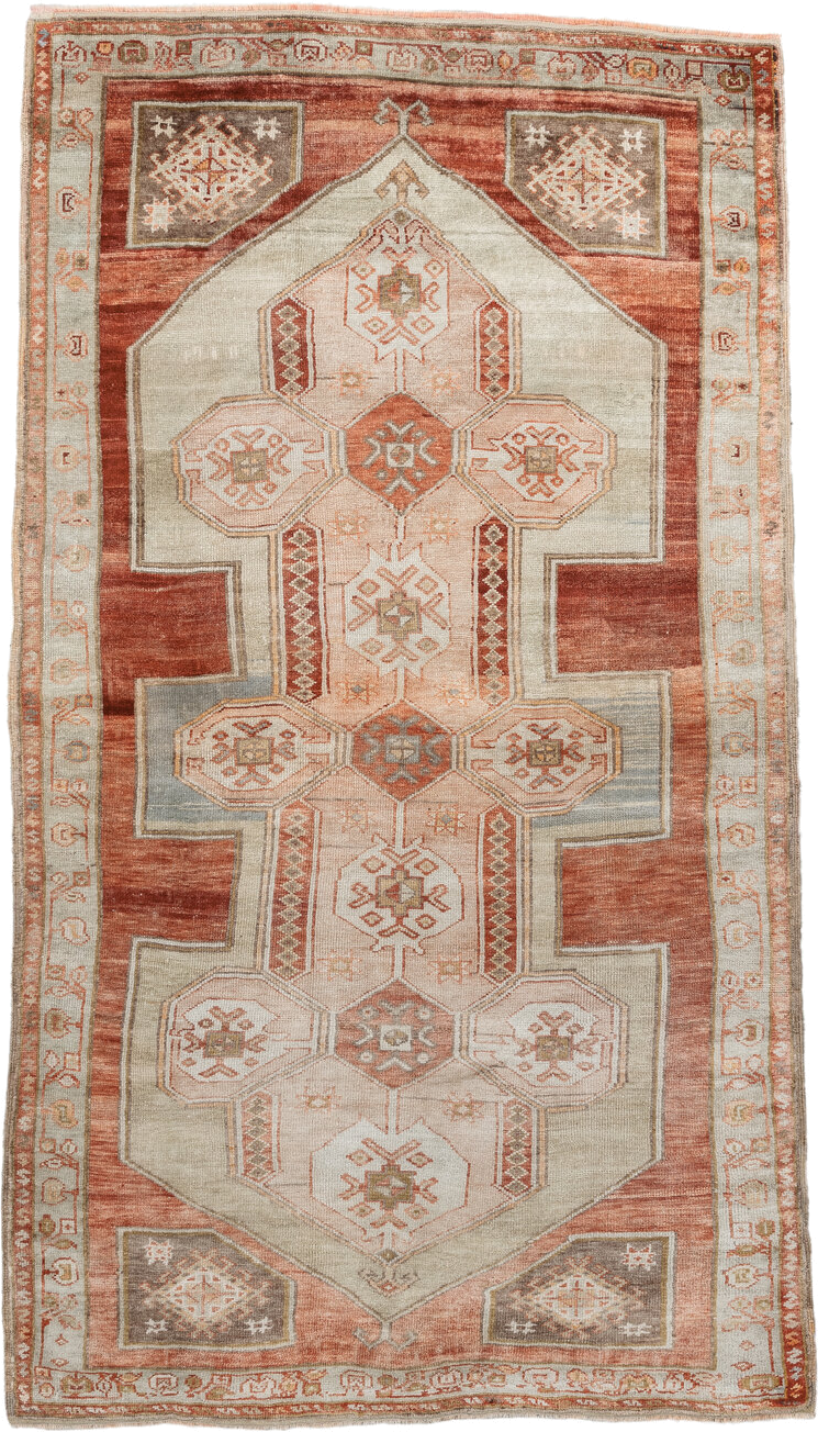 4' x 7' one-of-a-kind handmade vintage Anatolian rug. Color palette: ivory, terra cotta, rust, taupe, sage, camel, rose