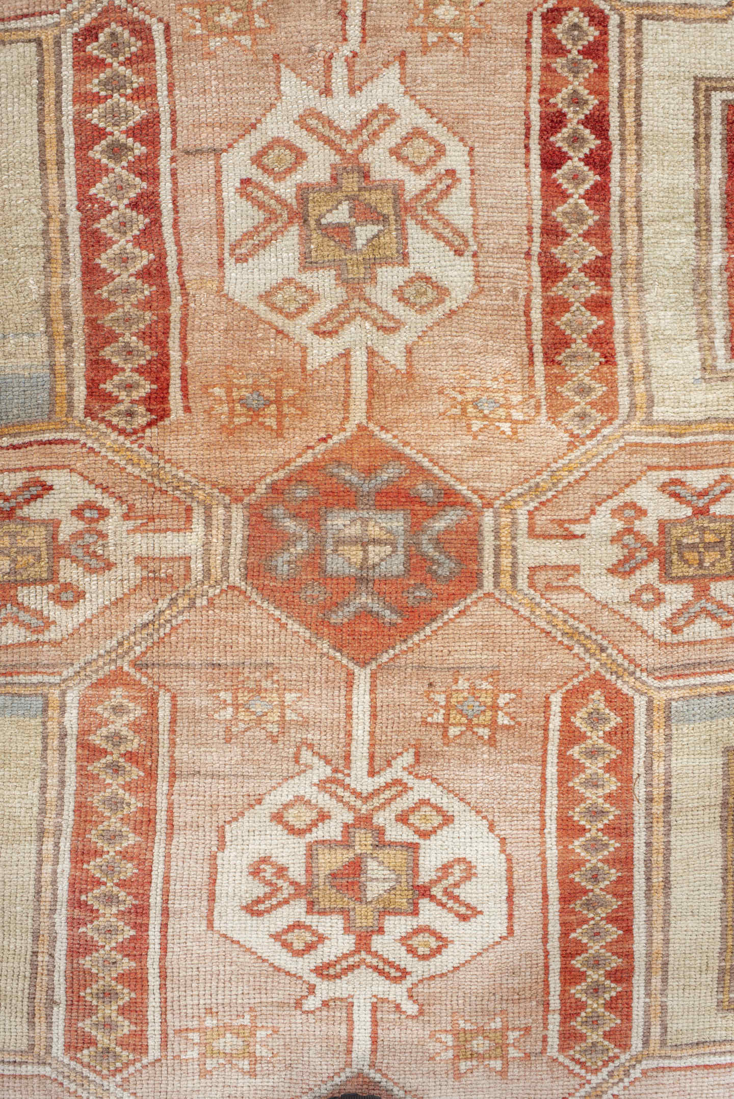 4' x 7' one-of-a-kind handmade vintage Anatolian rug. Color palette: ivory, terra cotta, rust, taupe, sage, camel, rose