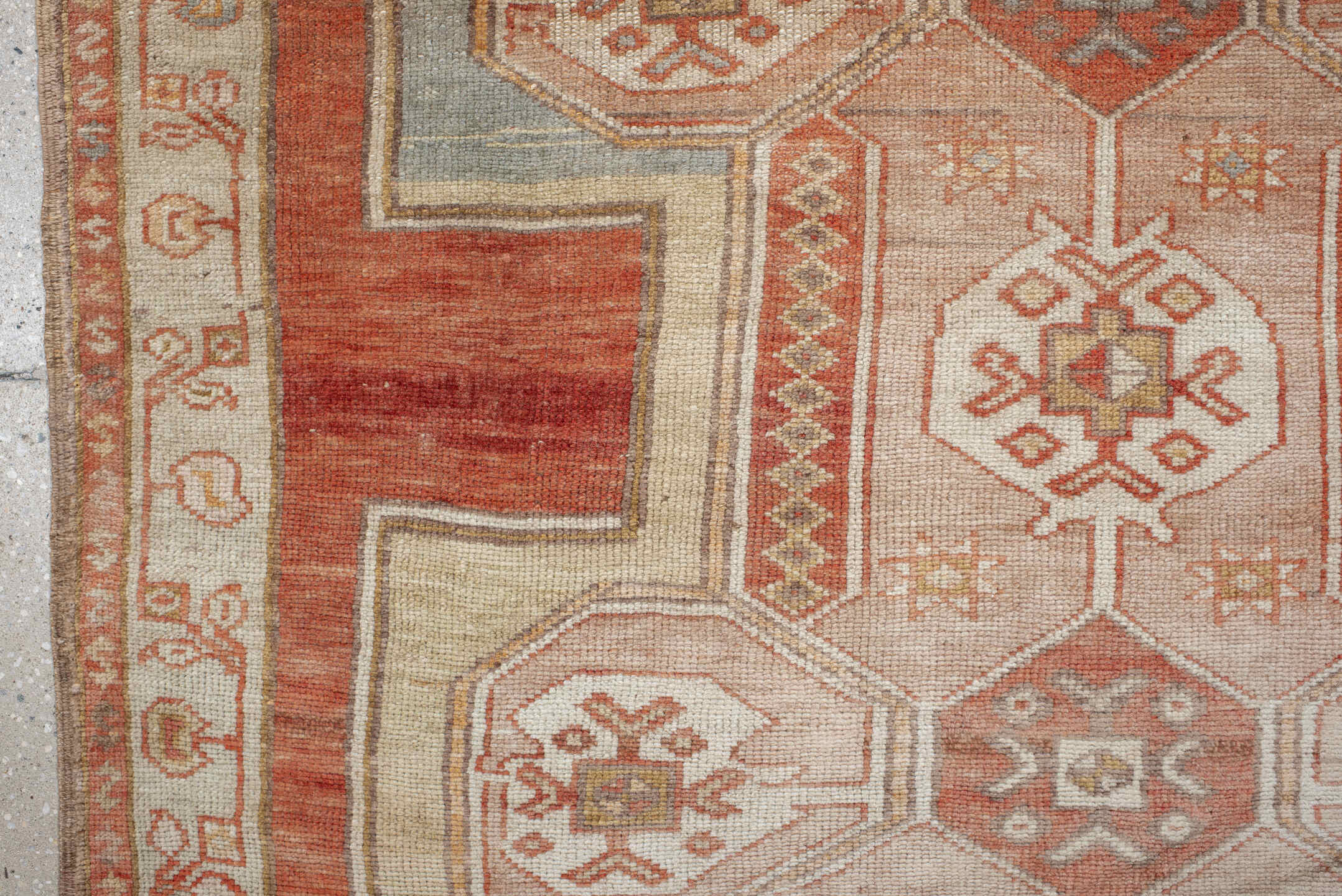 4' x 7' one-of-a-kind handmade vintage Anatolian rug. Color palette: ivory, terra cotta, rust, taupe, sage, camel, rose