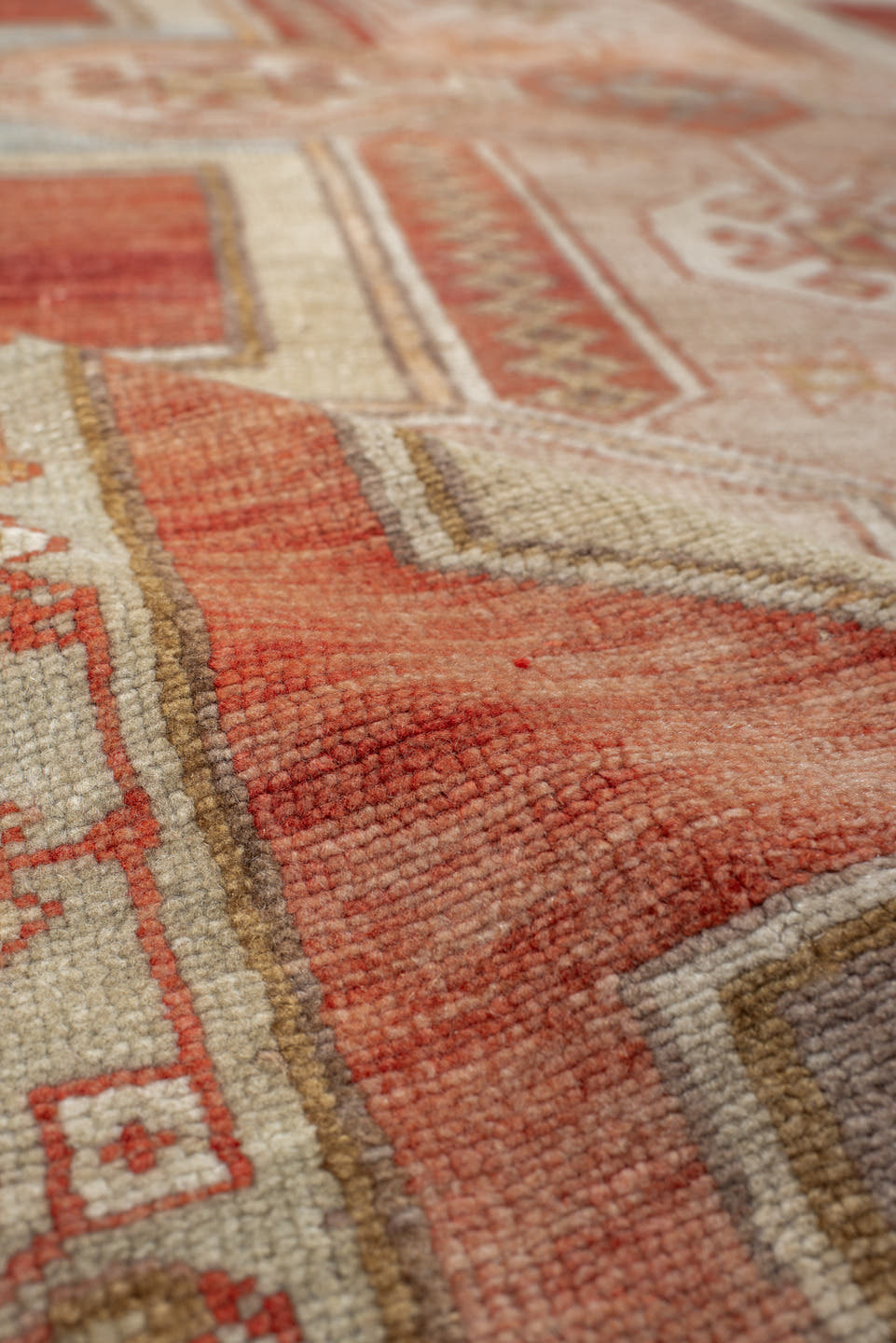 4' x 7' one-of-a-kind handmade vintage Anatolian rug. Color palette: ivory, terra cotta, rust, taupe, sage, camel, rose