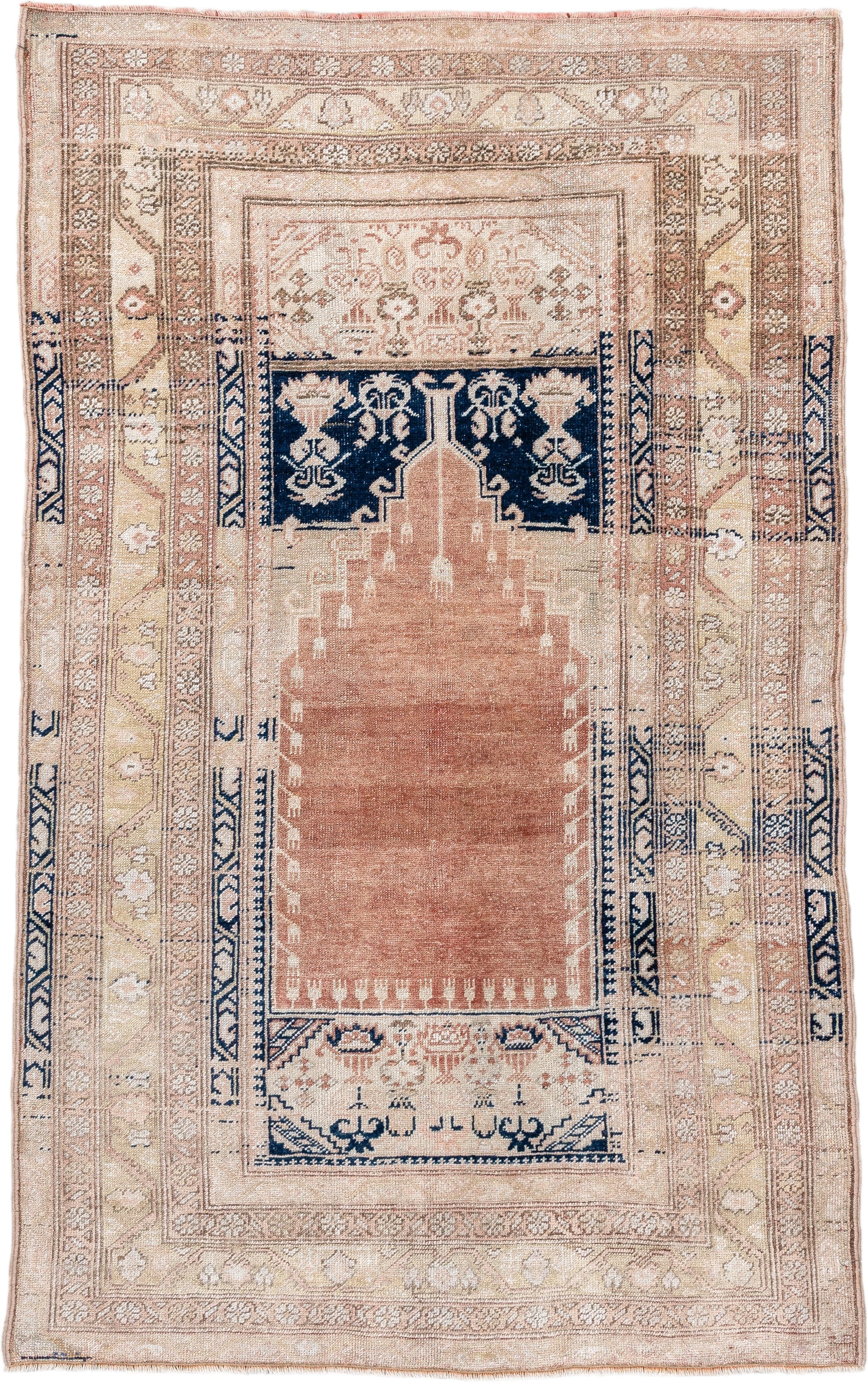3' x 6' one-of-a-kind handmade vintage Anatolian small size rug. Color palette: blush, ivory, navy, beige, taupe, camel