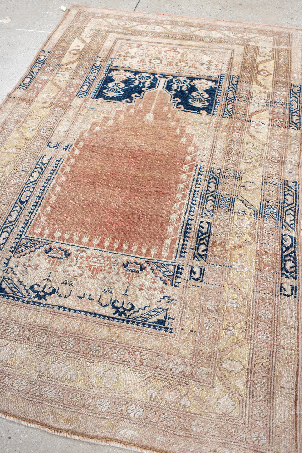 3' x 6' one-of-a-kind handmade vintage Anatolian small size rug. Color palette: blush, ivory, navy, beige, taupe, camel