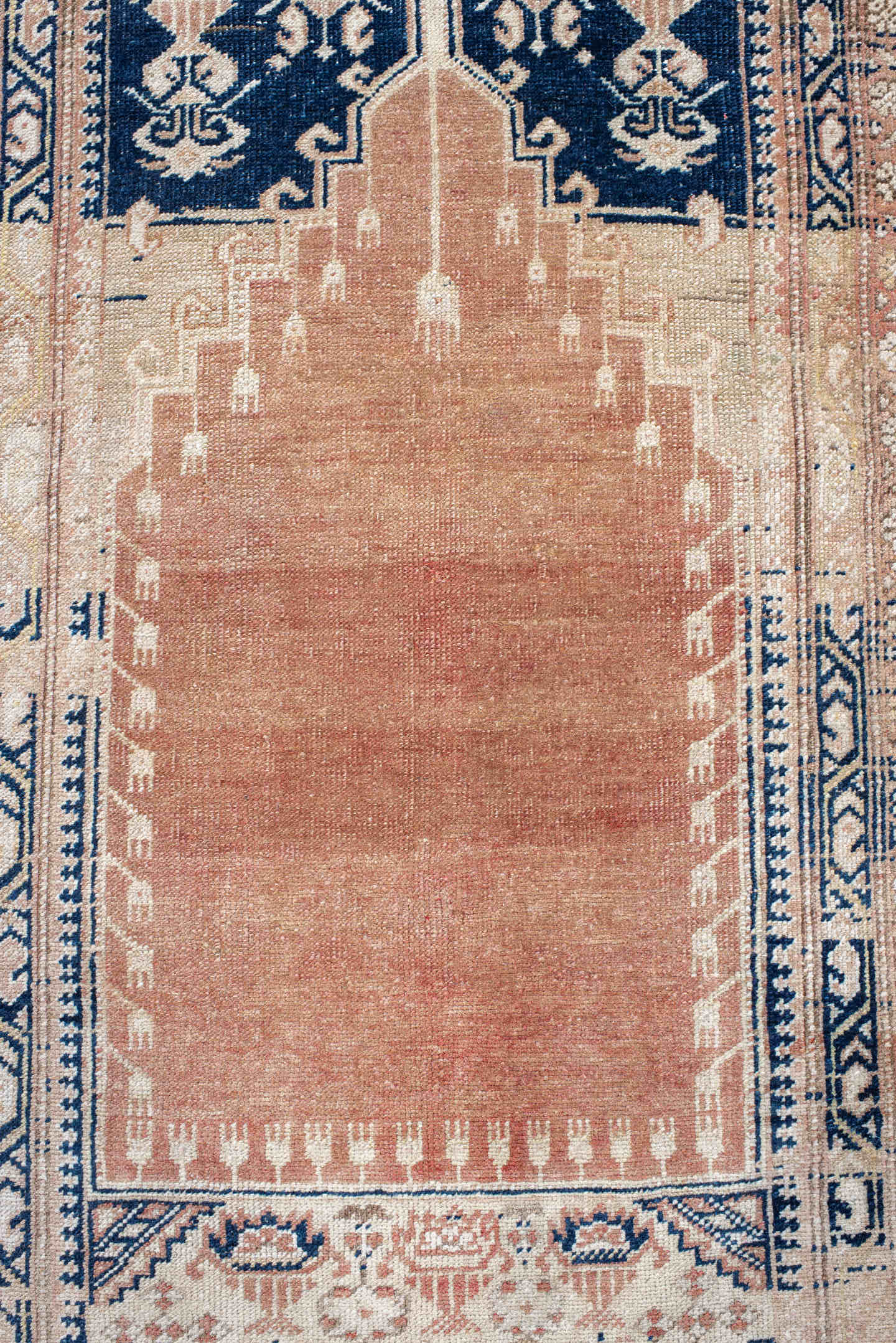 3' x 6' one-of-a-kind handmade vintage Anatolian small size rug. Color palette: blush, ivory, navy, beige, taupe, camel