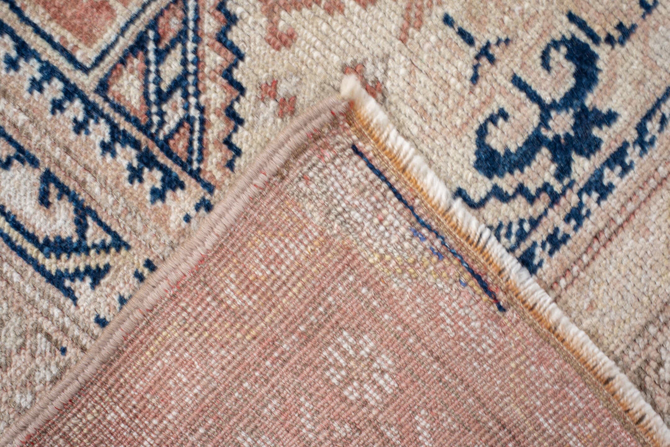 3' x 6' one-of-a-kind handmade vintage Anatolian small size rug. Color palette: blush, ivory, navy, beige, taupe, camel