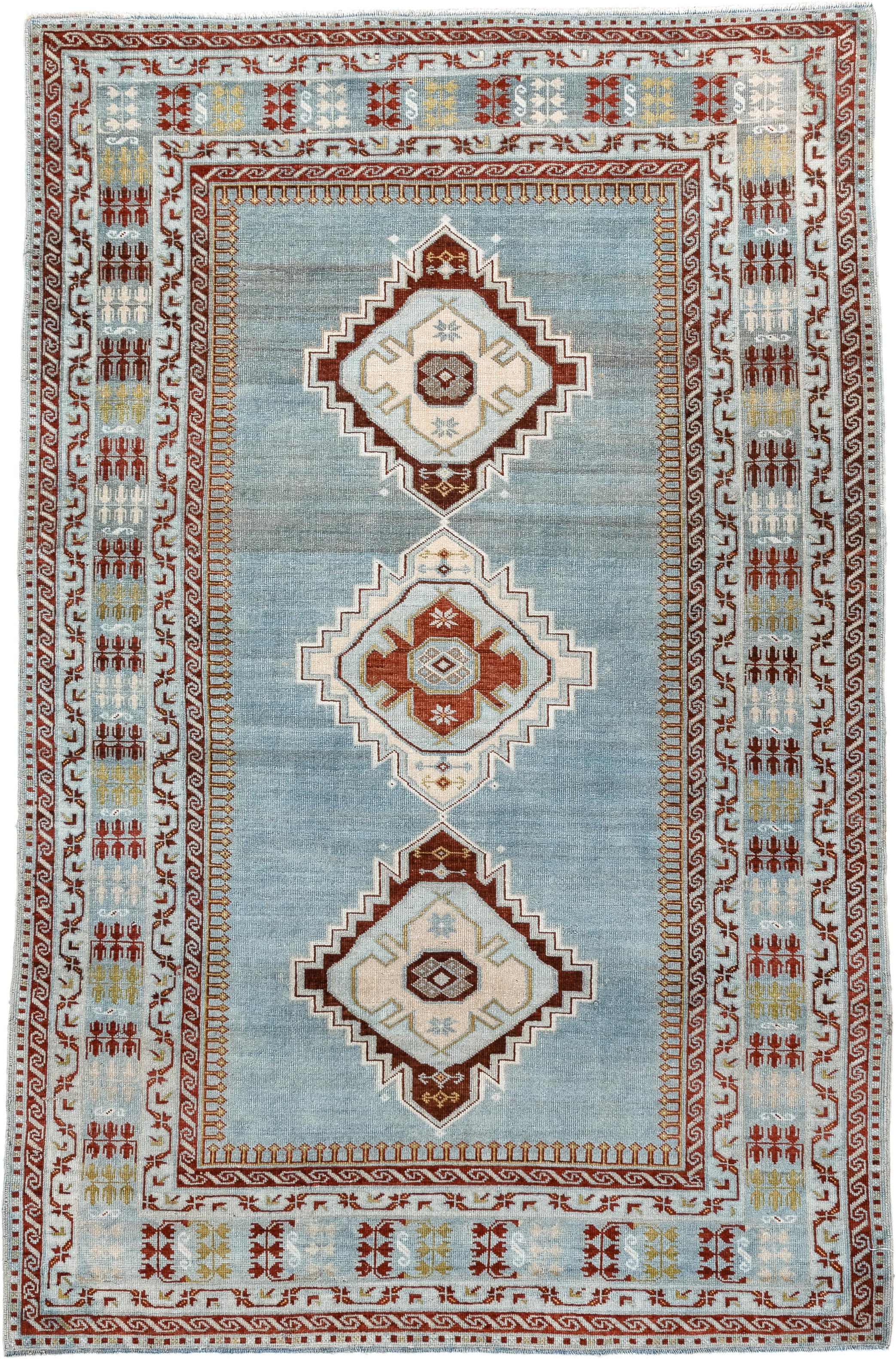 3' x 6' one-of-a-kind handmade antique Kuba small size rug. Color palette: light blue, ivory, rust, brown, gold, terracotta