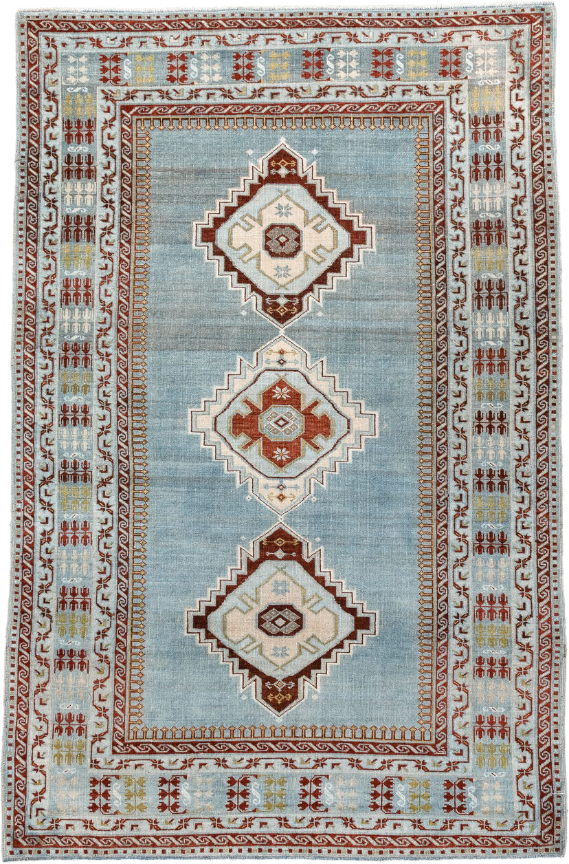 3' x 6' one-of-a-kind handmade antique Kuba small size rug. Color palette: light blue, ivory, rust, brown, gold, terracotta