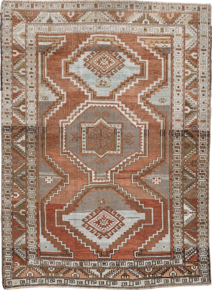 4' x 5' one-of-a-kind handmade vintage Caucasian small size rug. Color palette: brown, floral white, gray, light gray, linen