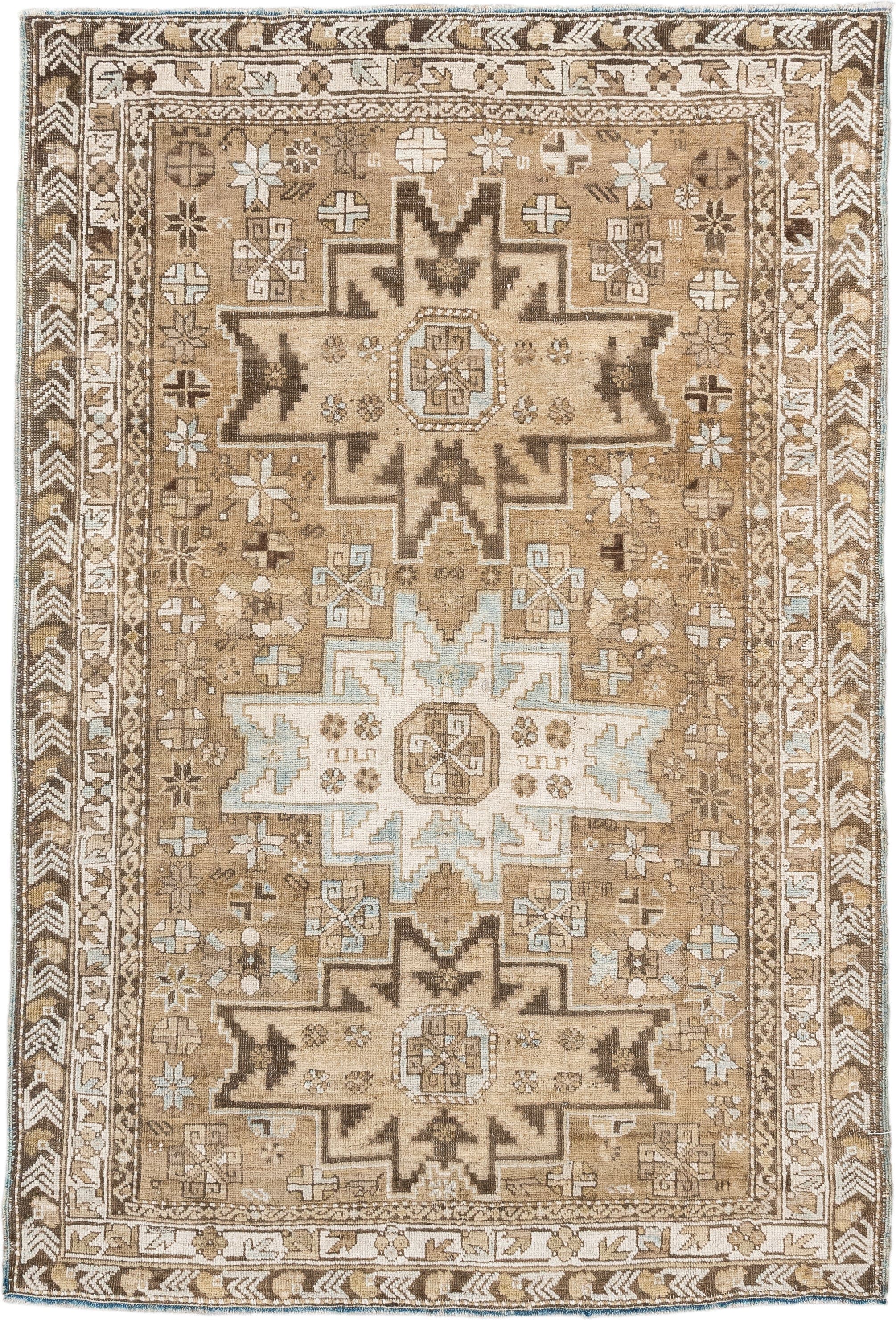 3' x 5' one-of-a-kind handmade antique Shirvan small size rug. Color palette: camel, ivory, brown, taupe, pale_blue, beige