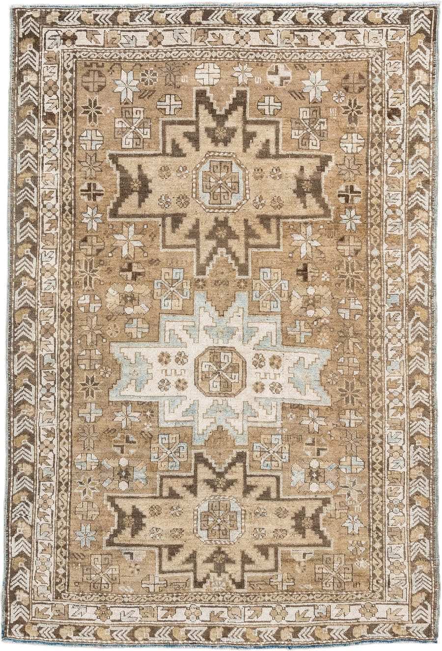 3' x 5' one-of-a-kind handmade antique Shirvan small size rug. Color palette: camel, ivory, brown, taupe, pale_blue, beige
