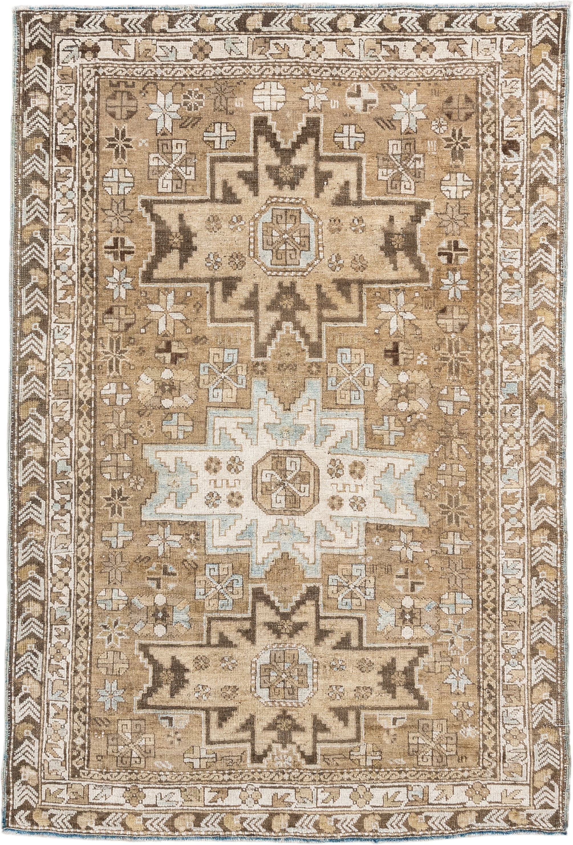 3' x 5' one-of-a-kind handmade antique Shirvan small size rug. Color palette: camel, ivory, brown, taupe, pale_blue, beige