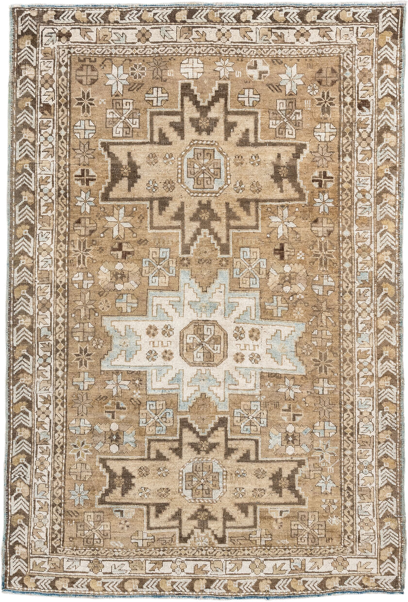 3' x 5' one-of-a-kind handmade antique Shirvan small size rug. Color palette: camel, ivory, brown, taupe, pale_blue, beige