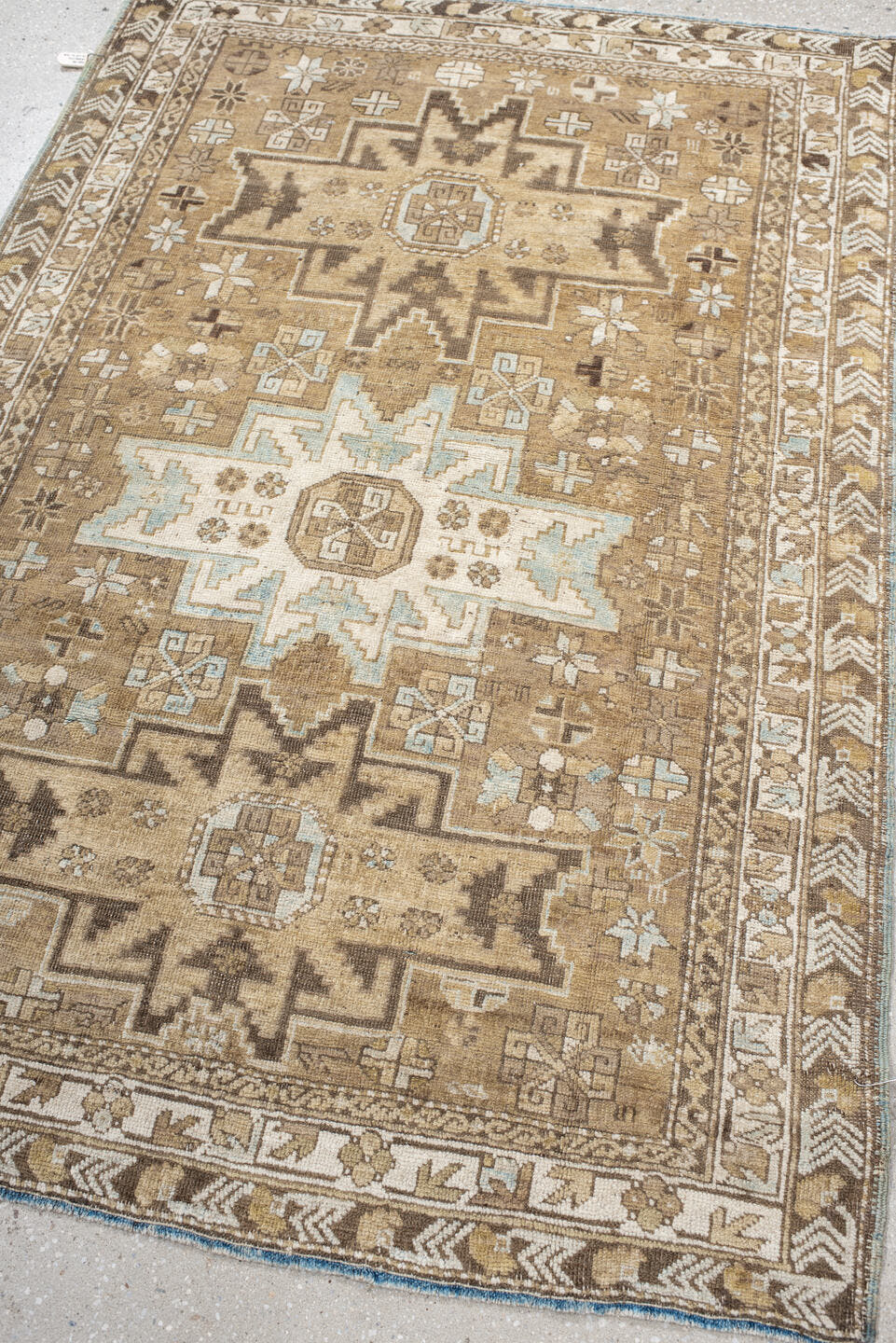 3' x 5' one-of-a-kind handmade antique Shirvan small size rug. Color palette: camel, ivory, brown, taupe, pale_blue, beige