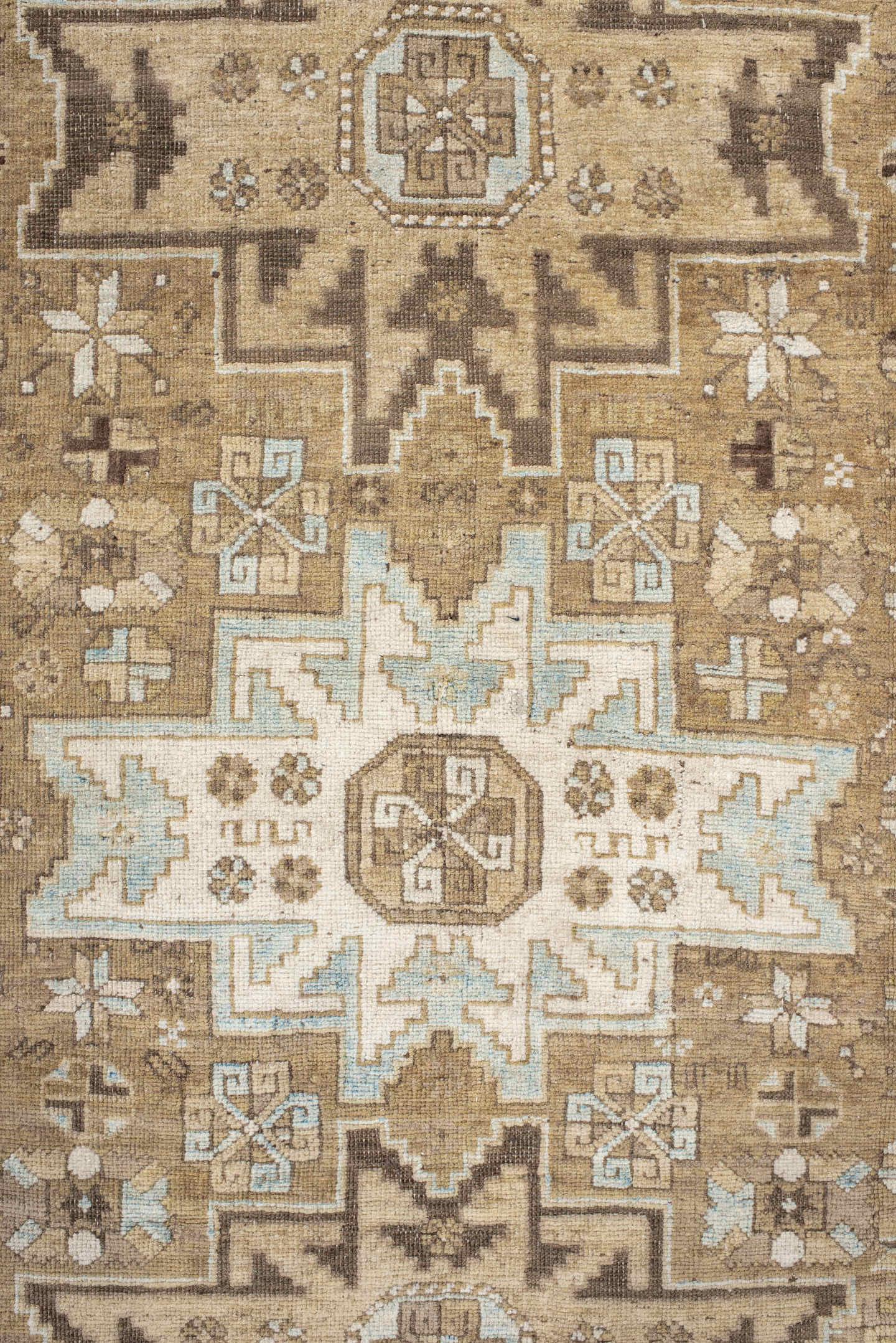 3' x 5' one-of-a-kind handmade antique Shirvan small size rug. Color palette: camel, ivory, brown, taupe, pale_blue, beige