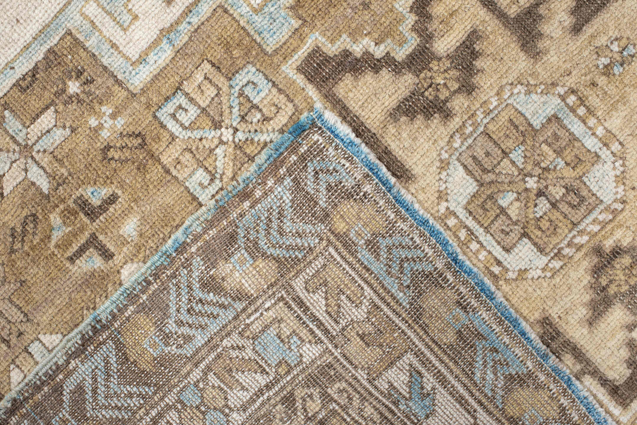 3' x 5' one-of-a-kind handmade antique Shirvan small size rug. Color palette: camel, ivory, brown, taupe, pale_blue, beige