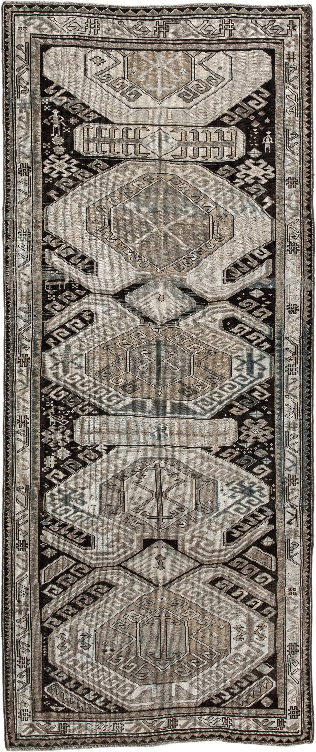 4' x 10' one-of-a-kind handmade antique Caucasian runner rug. Color palette: ivory, charcoal, taupe, brown, slate, gray