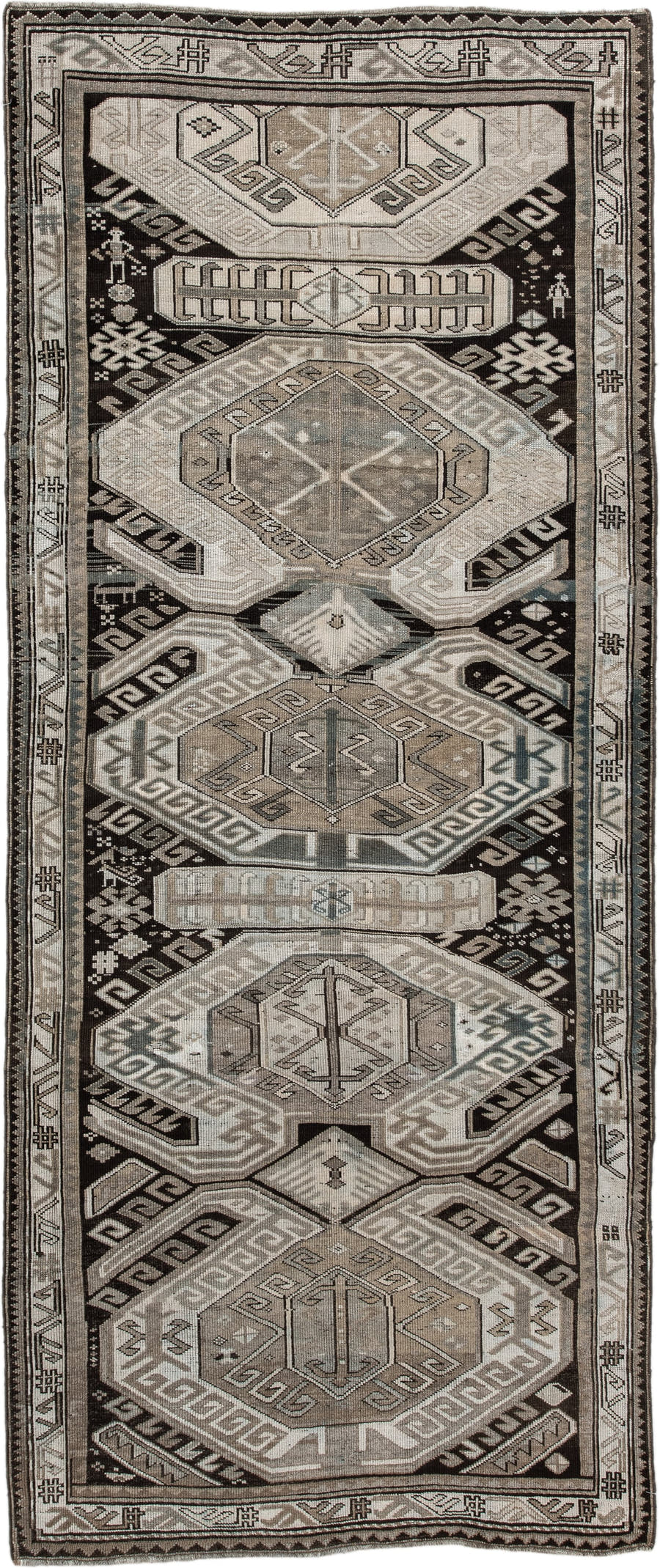 4' x 10' one-of-a-kind handmade antique Caucasian runner rug. Color palette: ivory, charcoal, taupe, brown, slate, gray