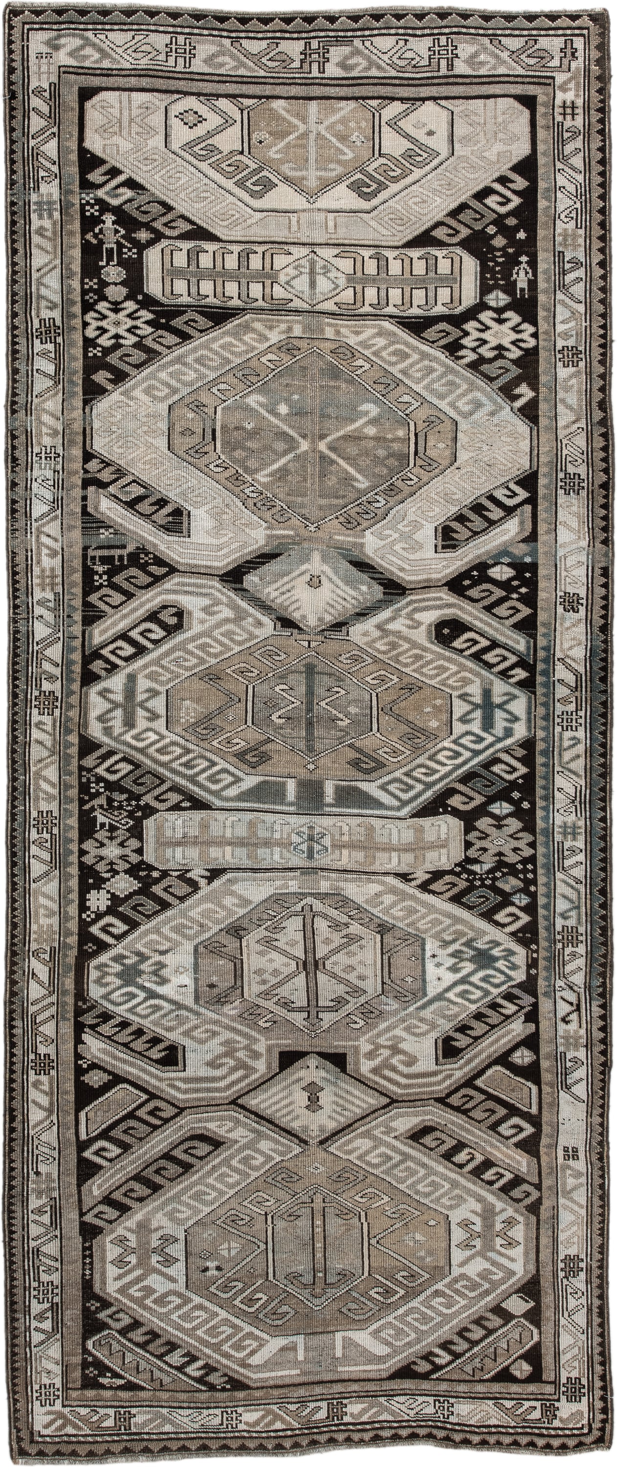 4' x 10' one-of-a-kind handmade antique Caucasian runner rug. Color palette: ivory, charcoal, taupe, brown, slate, gray