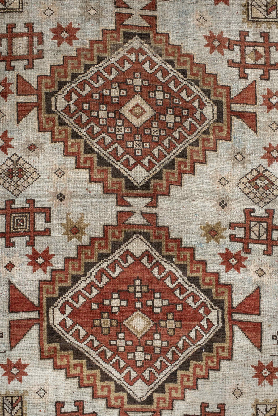 4' x 8' one-of-a-kind handmade vintage Caucasian medium size rug. Color palette: ivory, rust, taupe, brown, charcoal, beige