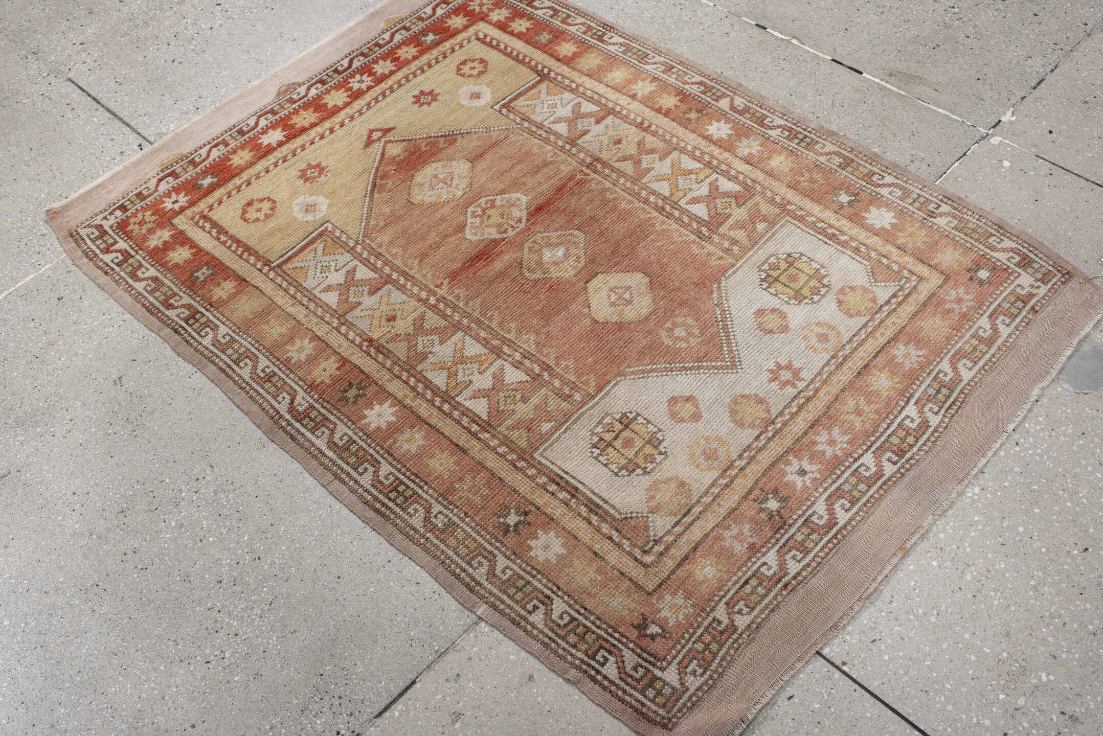 2' x 4' one-of-a-kind handmade vintage Anatolian small size rug. Color palette: ivory, terra cotta, taupe, camel, sage, rust