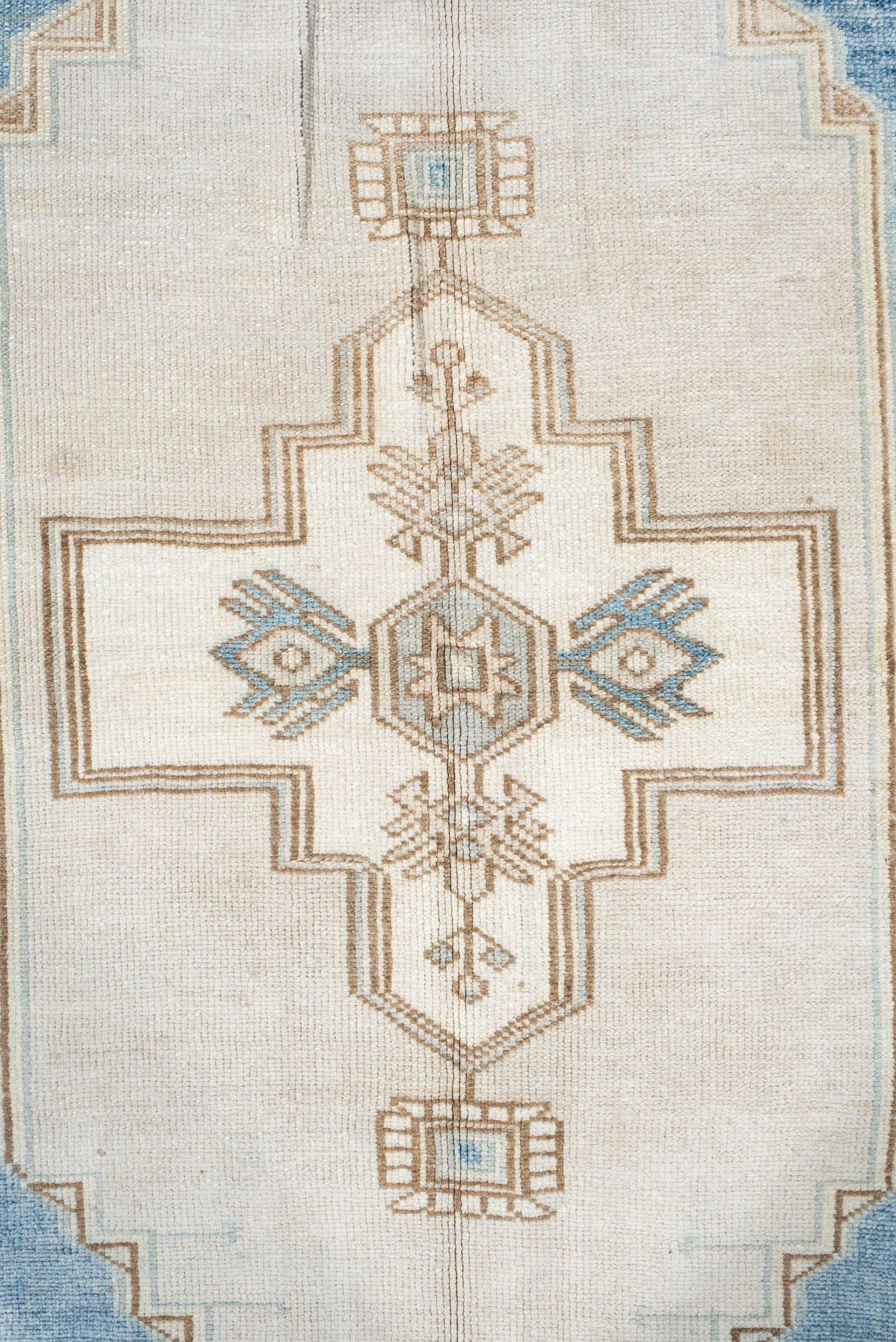 4' x 7' one-of-a-kind handmade vintage Anatolian rug. Color palette: ivory, sky blue, beige, taupe, camel, light blue, gray