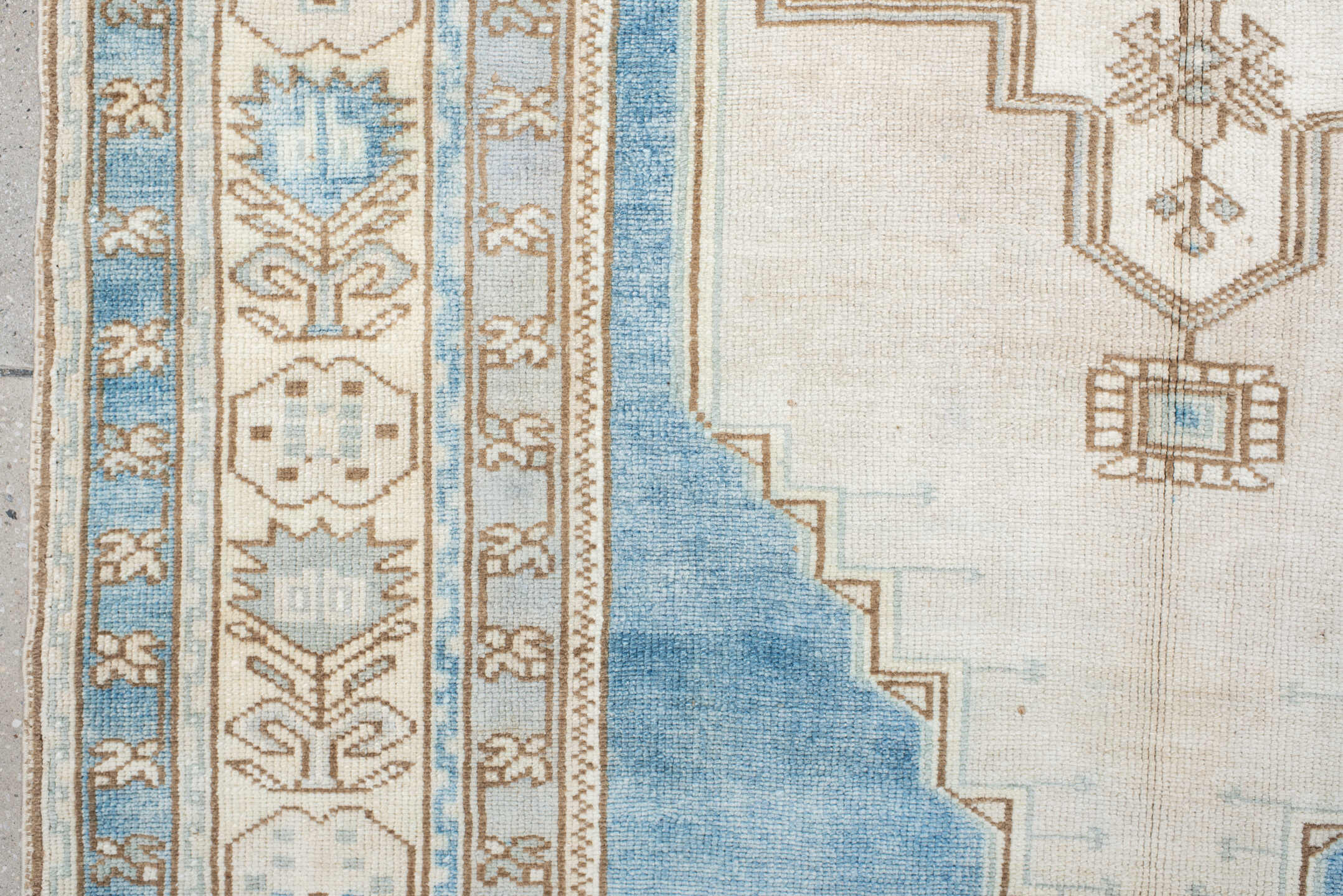 4' x 7' one-of-a-kind handmade vintage Anatolian rug. Color palette: ivory, sky blue, beige, taupe, camel, light blue, gray