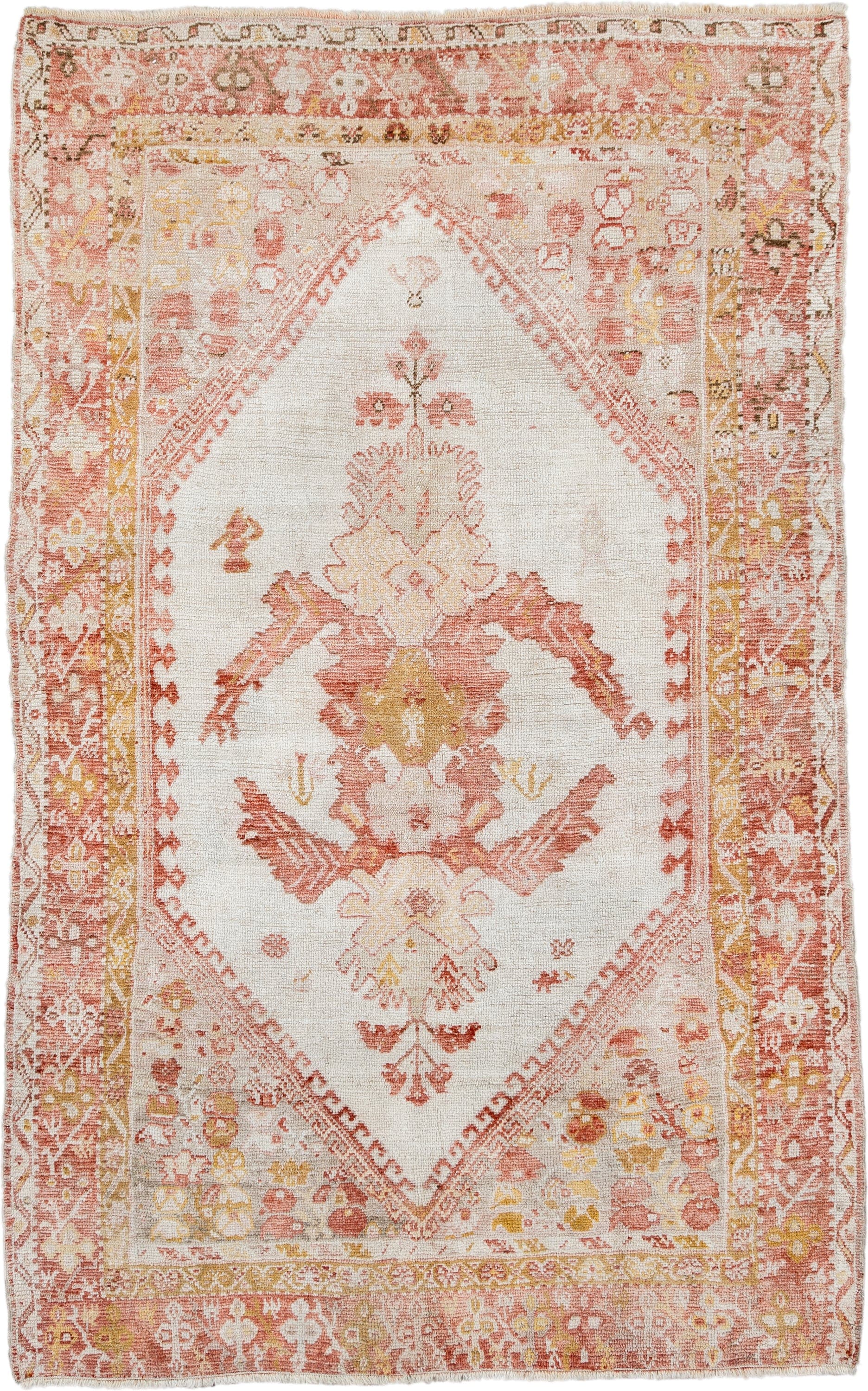 3' x 5' one-of-a-kind handmade antique Oushak small size rug. Color palette: ivory, coral, terracotta, gold, camel, rose