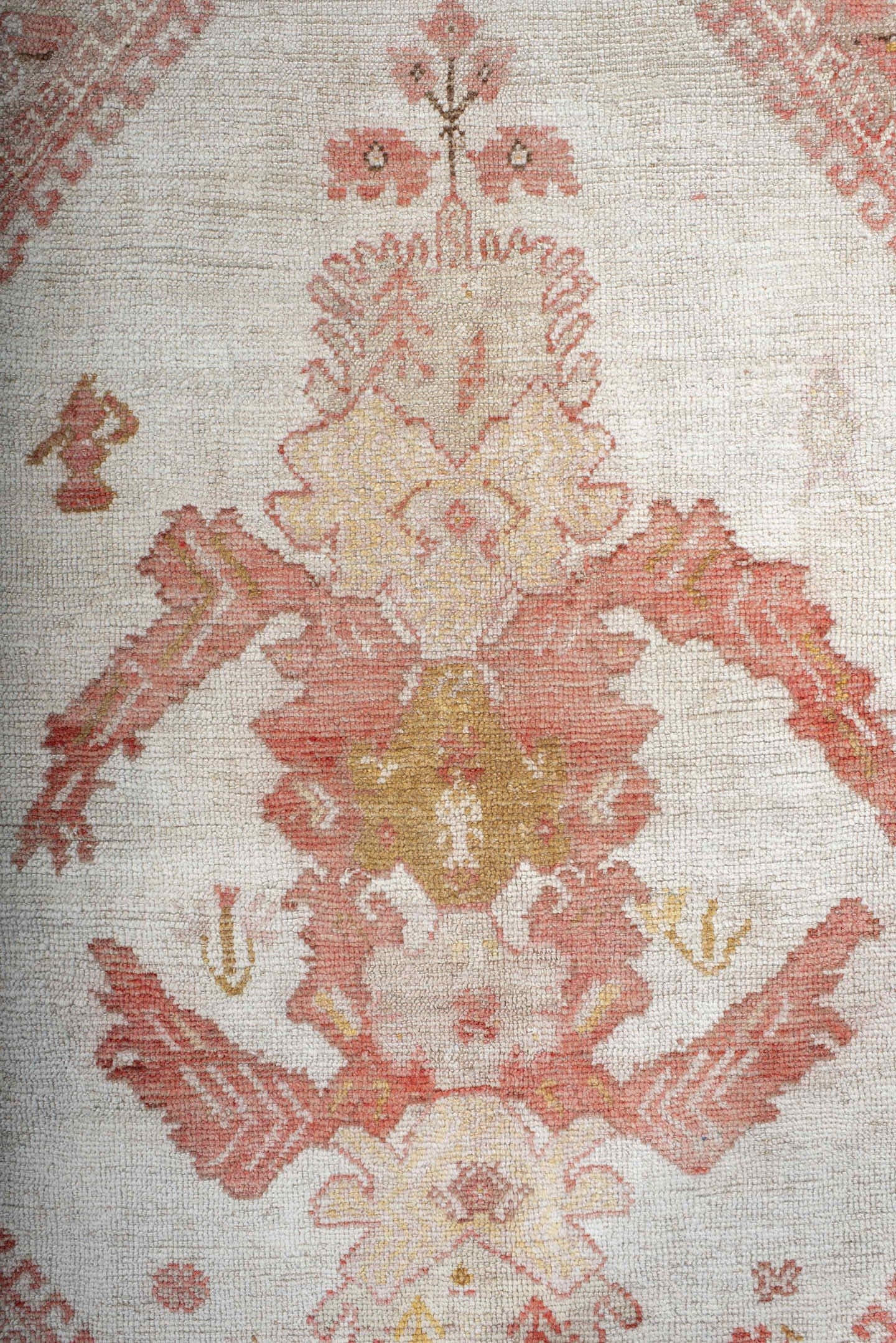 3' x 5' one-of-a-kind handmade antique Oushak small size rug. Color palette: ivory, coral, terracotta, gold, camel, rose