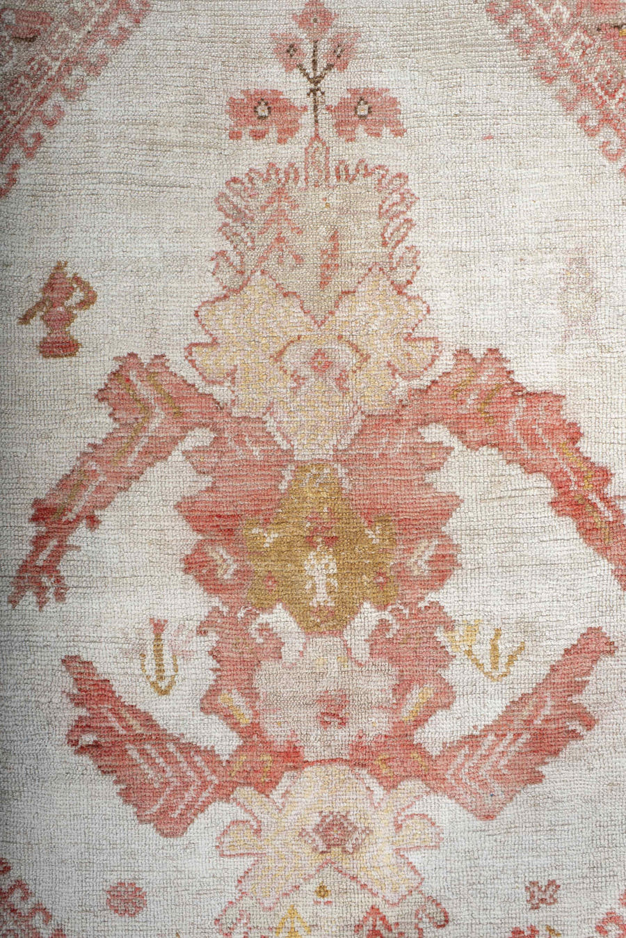 3' x 5' one-of-a-kind handmade antique Oushak small size rug. Color palette: ivory, coral, terracotta, gold, camel, rose