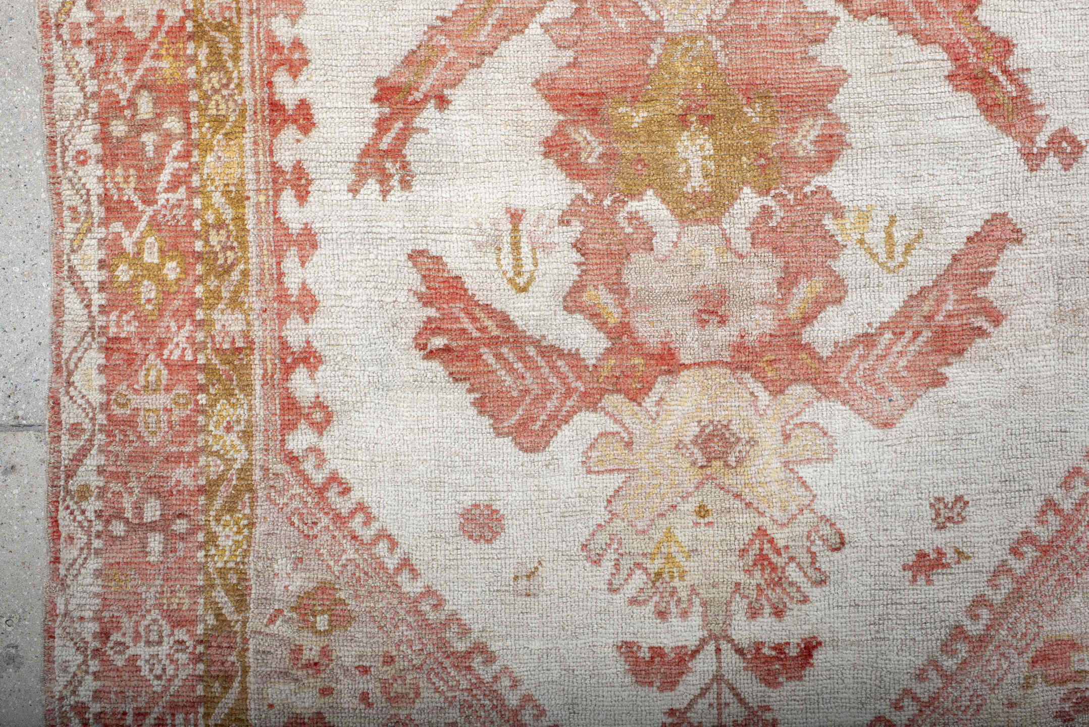 3' x 5' one-of-a-kind handmade antique Oushak small size rug. Color palette: ivory, coral, terracotta, gold, camel, rose