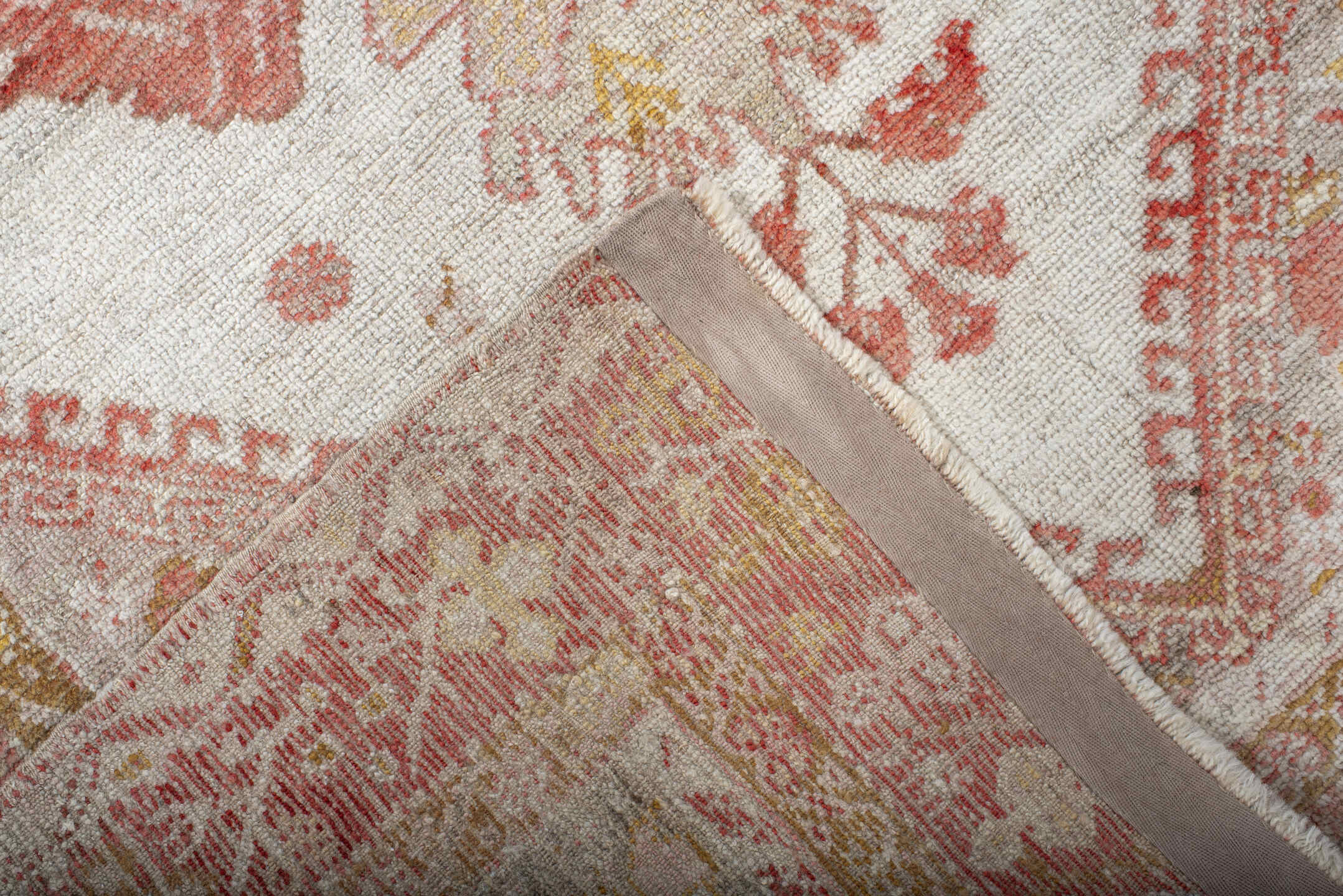 3' x 5' one-of-a-kind handmade antique Oushak small size rug. Color palette: ivory, coral, terracotta, gold, camel, rose