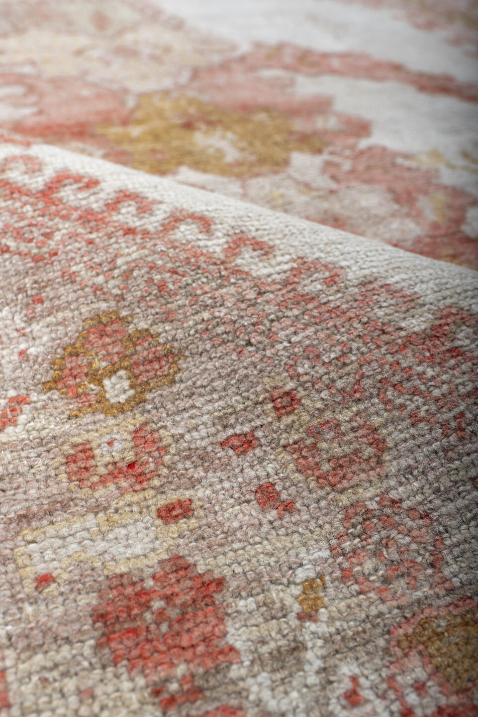 3' x 5' one-of-a-kind handmade antique Oushak small size rug. Color palette: ivory, coral, terracotta, gold, camel, rose