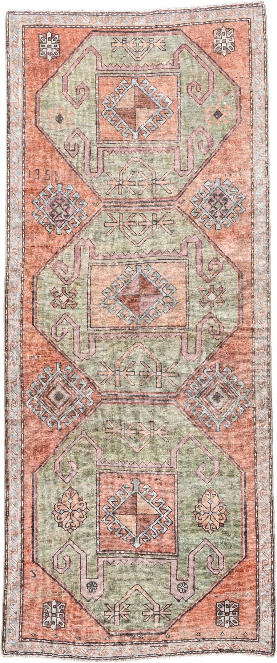 3' x 7' one-of-a-kind handmade antique Trans Caucasian runner rug. Color palette: salmon, sage, ivory, brown, taupe