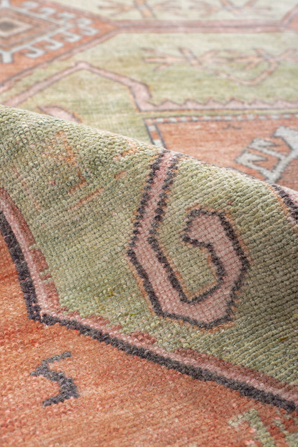 3' x 7' one-of-a-kind handmade antique Trans Caucasian runner rug. Color palette: salmon, sage, ivory, brown, taupe