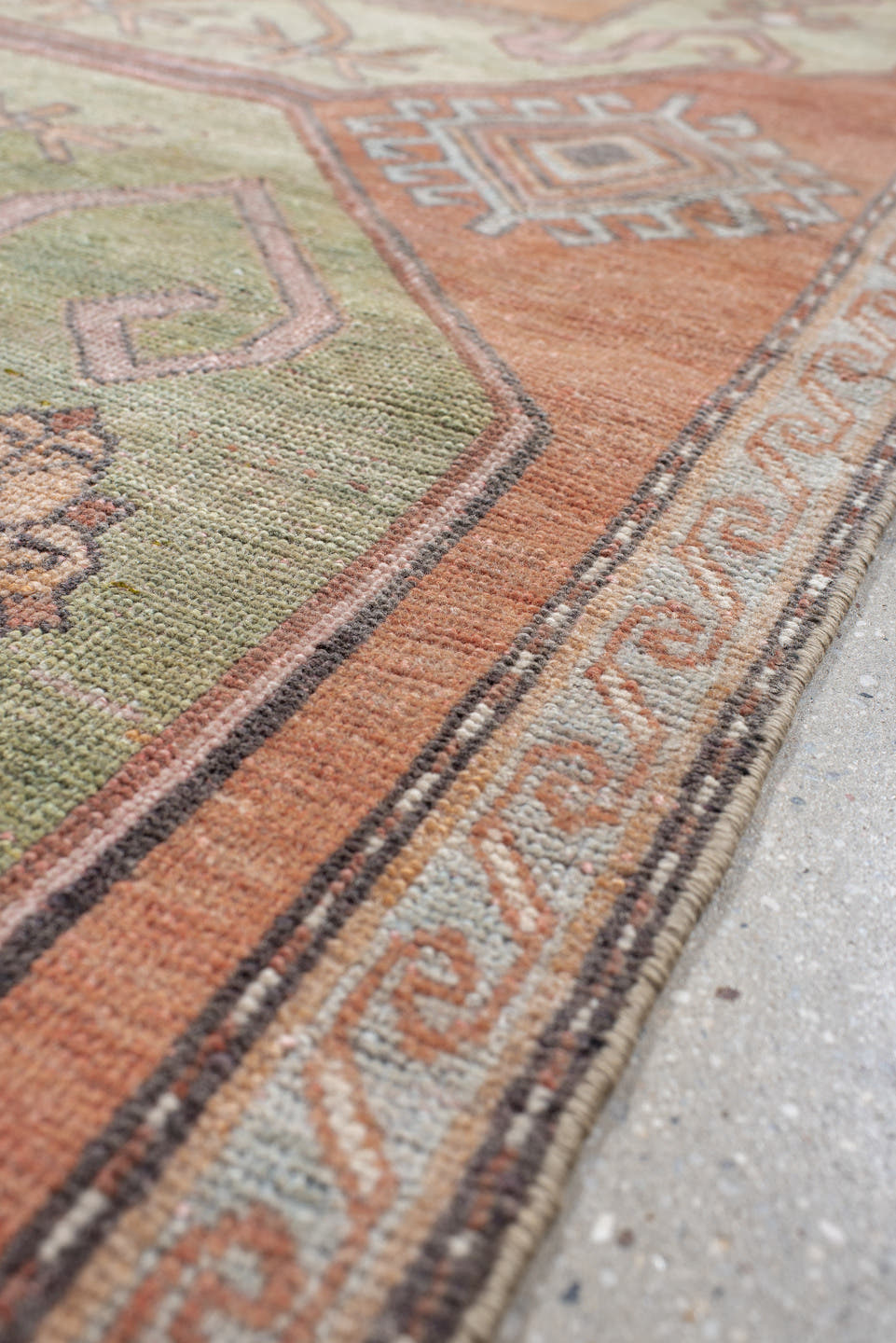 3' x 7' one-of-a-kind handmade antique Trans Caucasian runner rug. Color palette: salmon, sage, ivory, brown, taupe