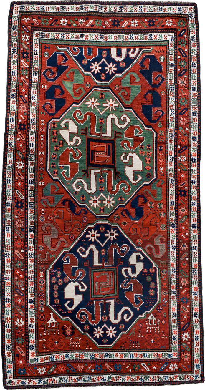 4' x 8' one-of-a-kind handmade antique Kazak rug. Color palette: rust, navy, ivory, sage, crimson, teal, rose, terracotta