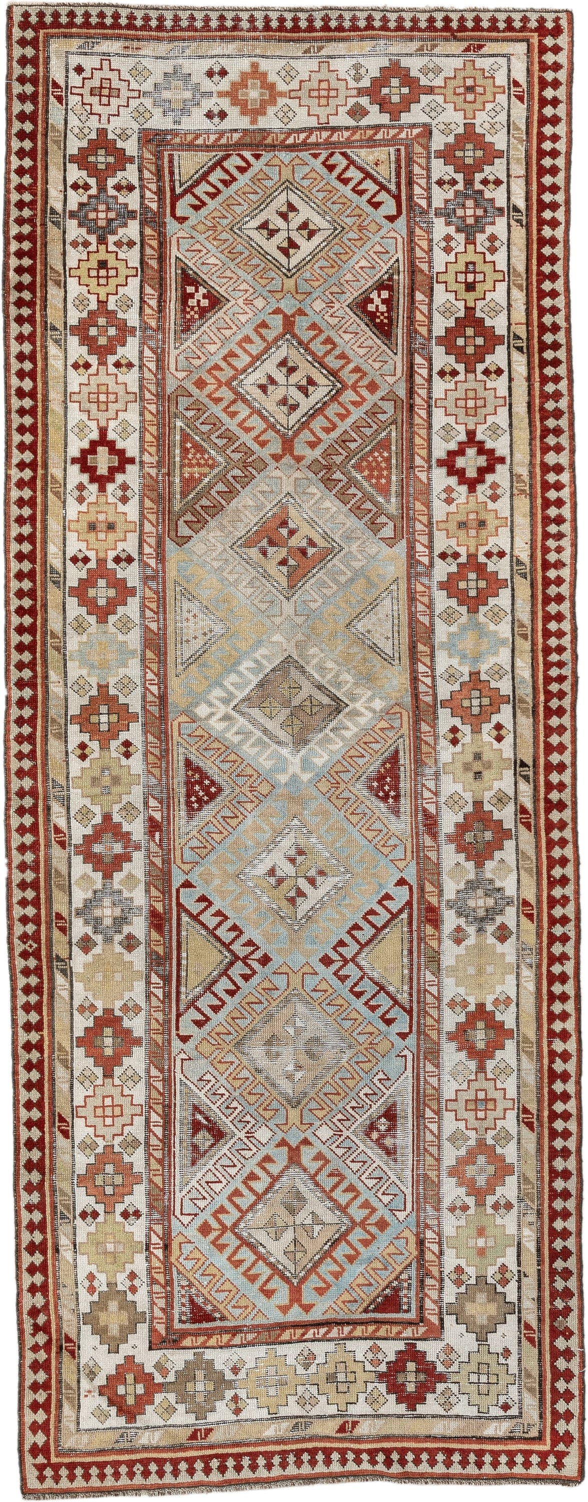 3' x 8' one-of-a-kind handmade antique Caucasian runner rug. Color palette: ivory, sky blue, rust, burgundy, camel, taupe