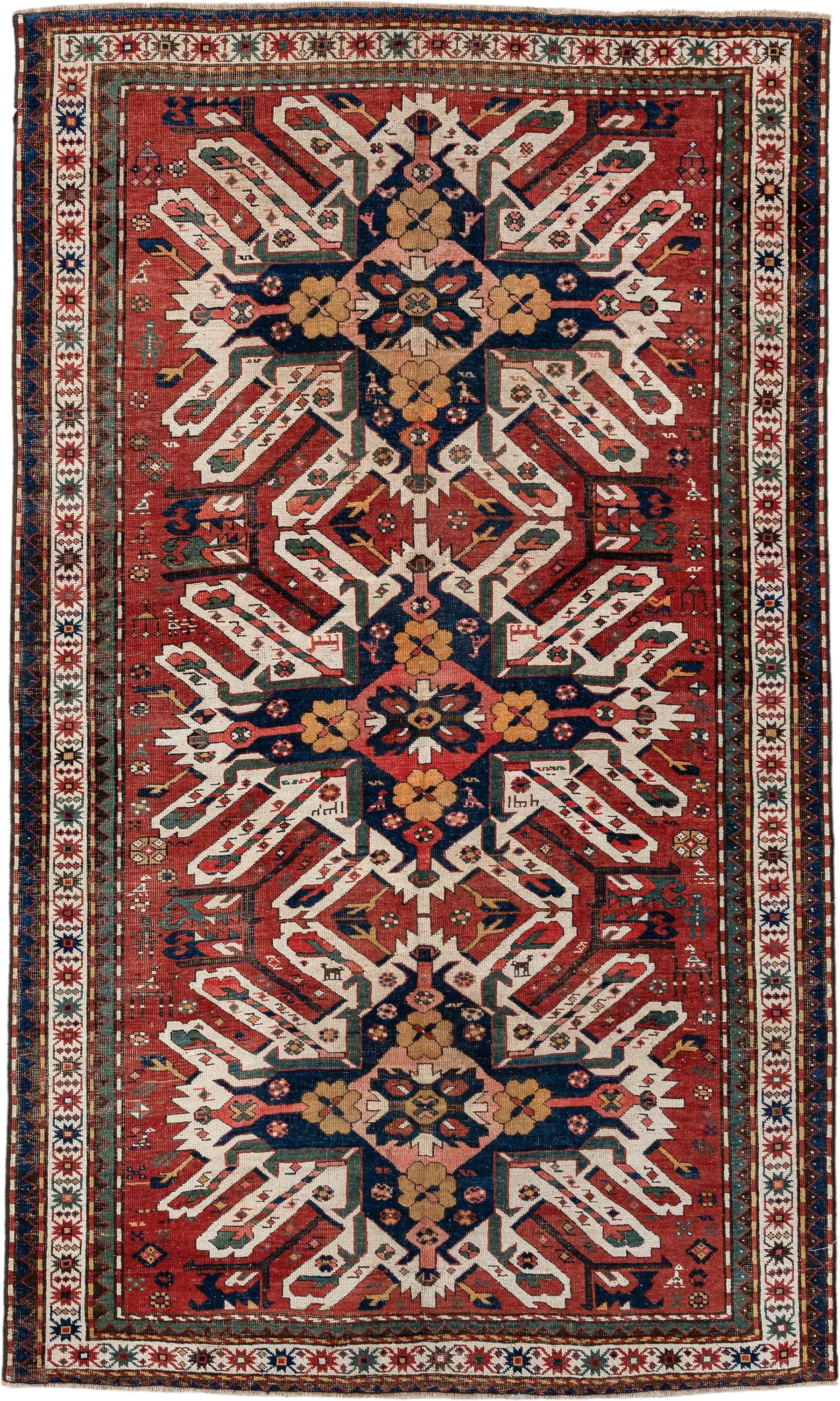 5' x 8' one-of-a-kind handmade antique Kazak medium size rug. Color palette: rust, ivory, navy, sage, gold, crimson, rose