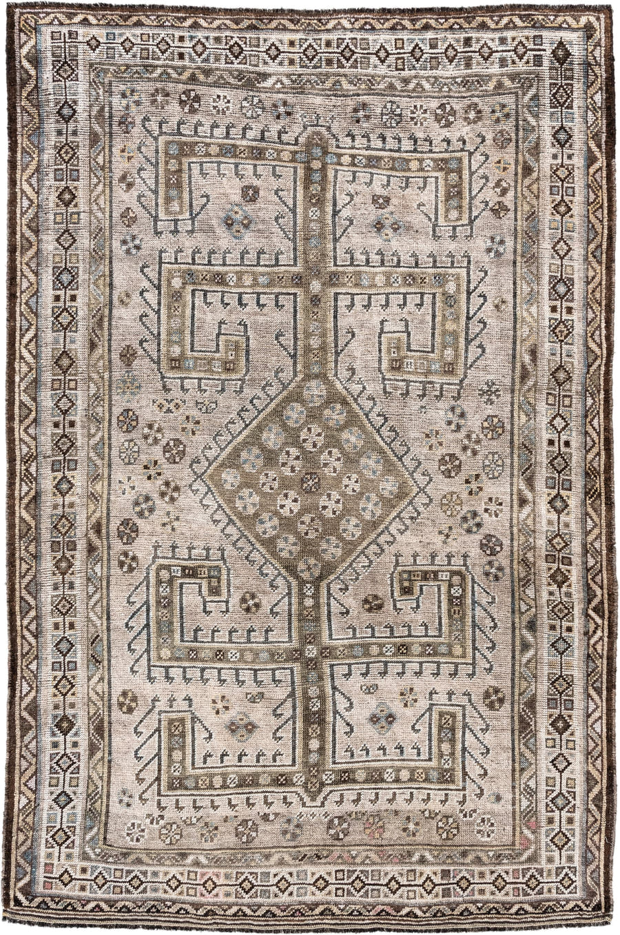 4' x 6' one-of-a-kind handmade antique Gabbe small size rug. Color palette: ivory, brown, taupe, slate, camel, pale_blue