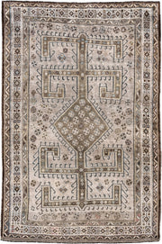 4' x 6' one-of-a-kind handmade antique Gabbe small size rug. Color palette: ivory, brown, taupe, slate, camel, pale_blue