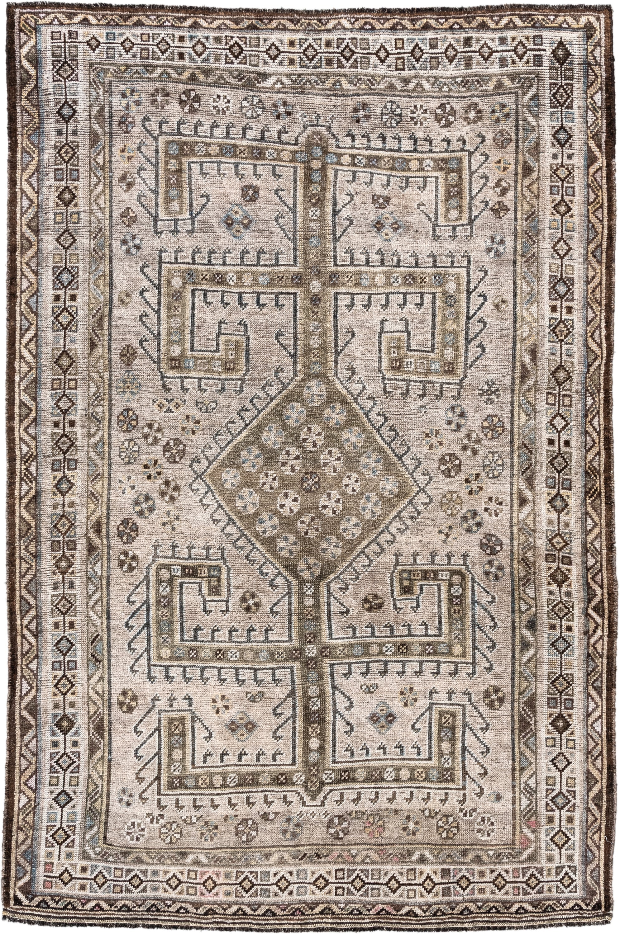 4' x 6' one-of-a-kind handmade antique Gabbe small size rug. Color palette: ivory, brown, taupe, slate, camel, pale_blue